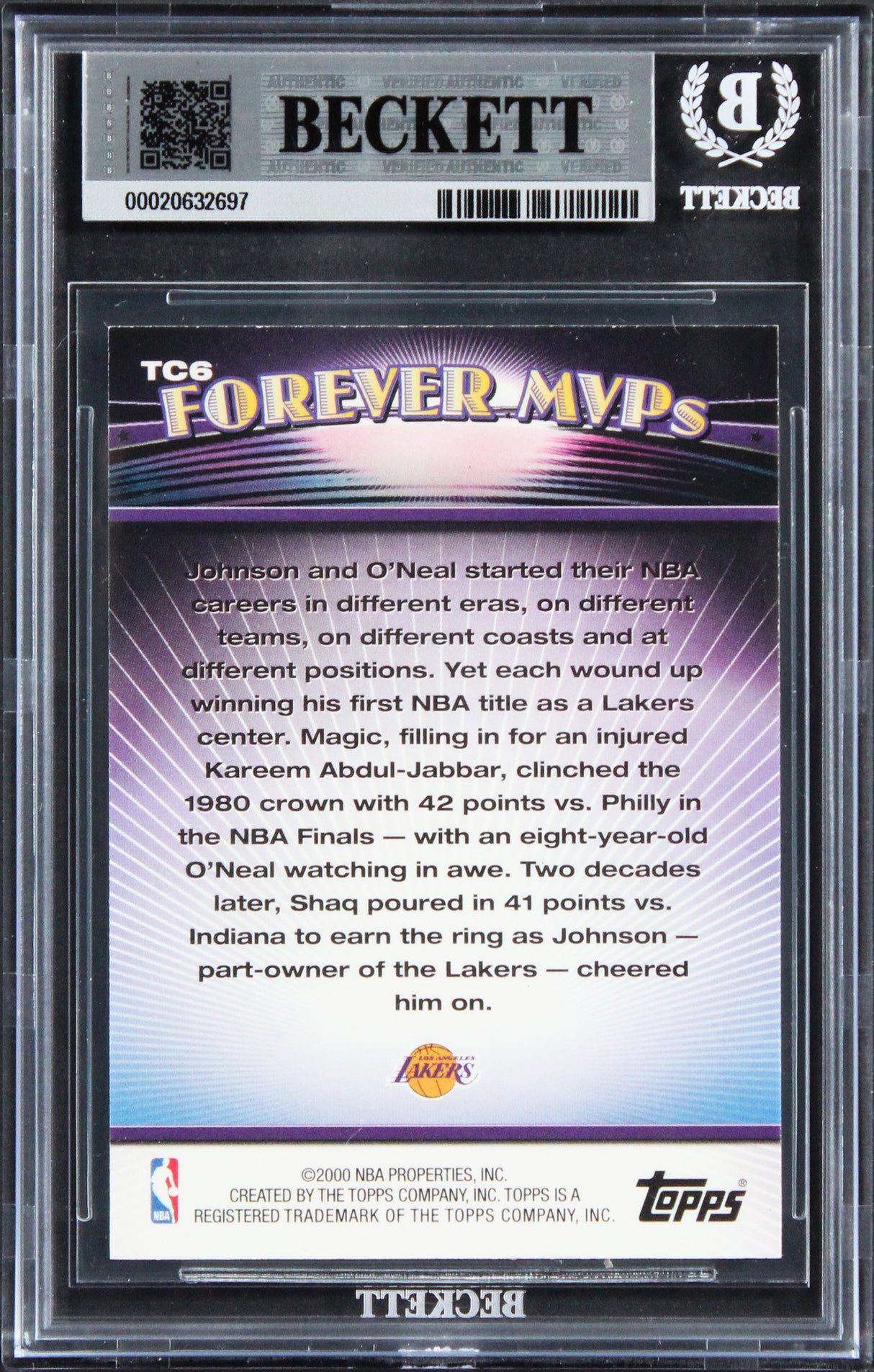 Shaquille O'Neal & Magic Johnson Signed 2000 Topps #TC6 Card Auto 10! BAS Slab
