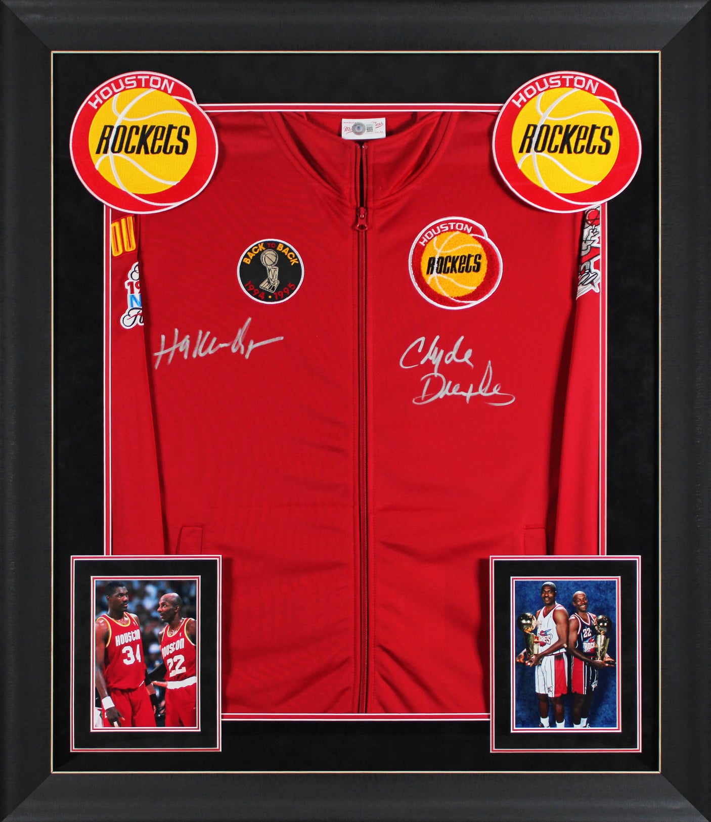 Rockets Hakeem Olajuwon & Clyde Drexler Signed Red M&N Framed Bomber Jacket BAS