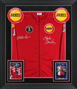 Rockets Hakeem Olajuwon & Clyde Drexler Signed Red M&N Framed Bomber Jacket BAS