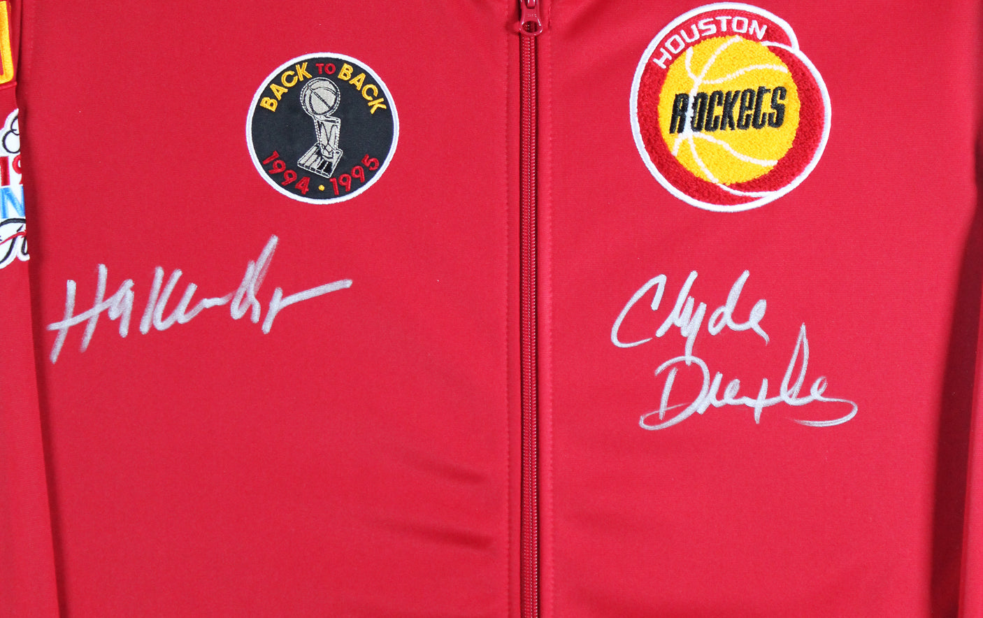 Rockets Hakeem Olajuwon & Clyde Drexler Signed Red M&N Framed Bomber Jacket BAS
