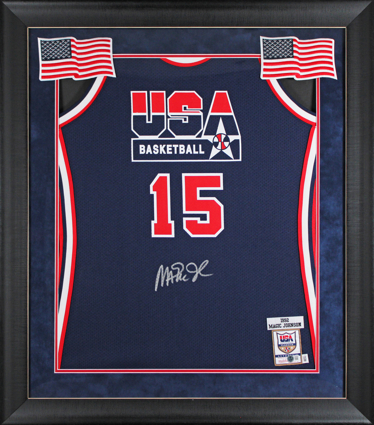 Team USA Magic Johnson Signed Navy M&N 1992 Swingman Framed Jersey BAS Witnessed