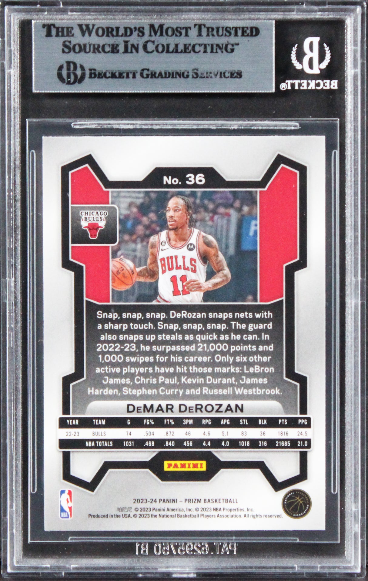 Bulls DeMar DeRozan Authentic Signed 2023 Panini Prizm #36 Card BAS Slabbed 1