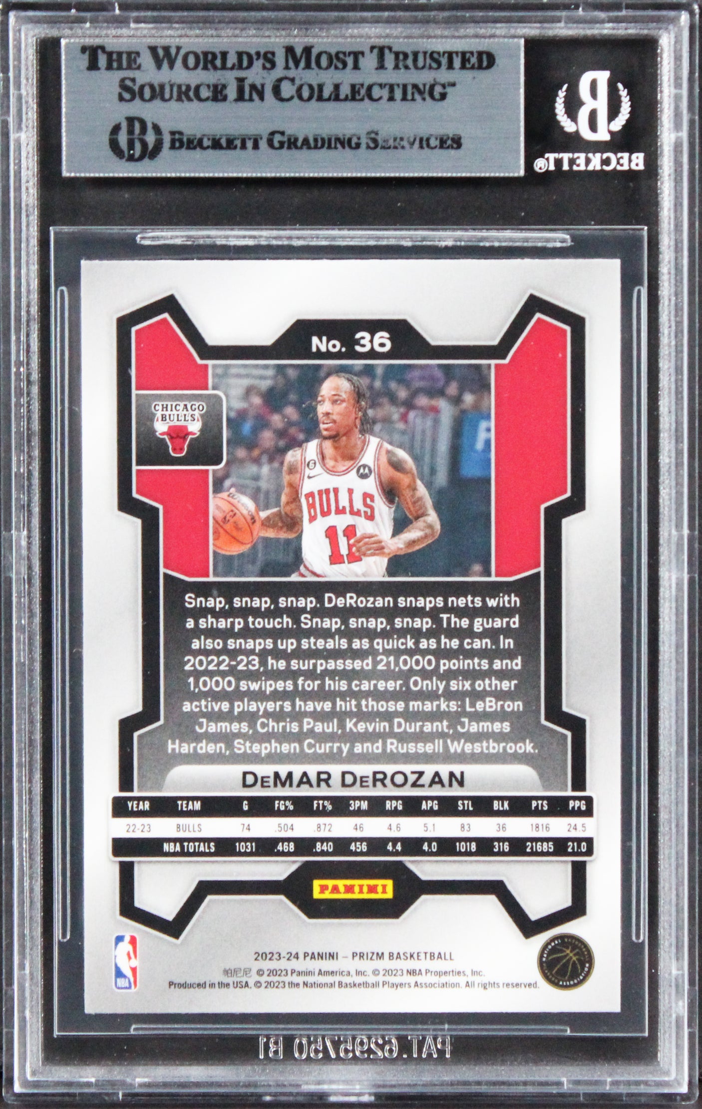 Bulls DeMar DeRozan Authentic Signed 2023 Panini Prizm #36 Card BAS Slabbed 1