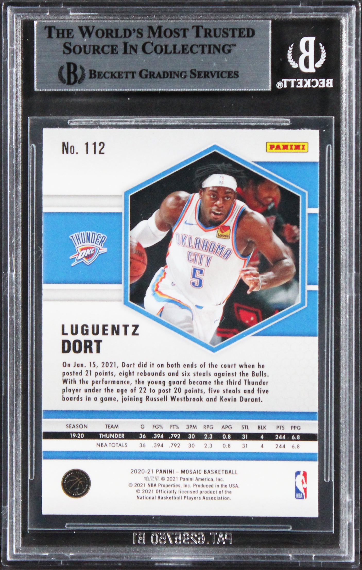 Thunder Luguentz Dort Authentic Signed 2020 Panini Mosaic #112 Card BAS Slabbed
