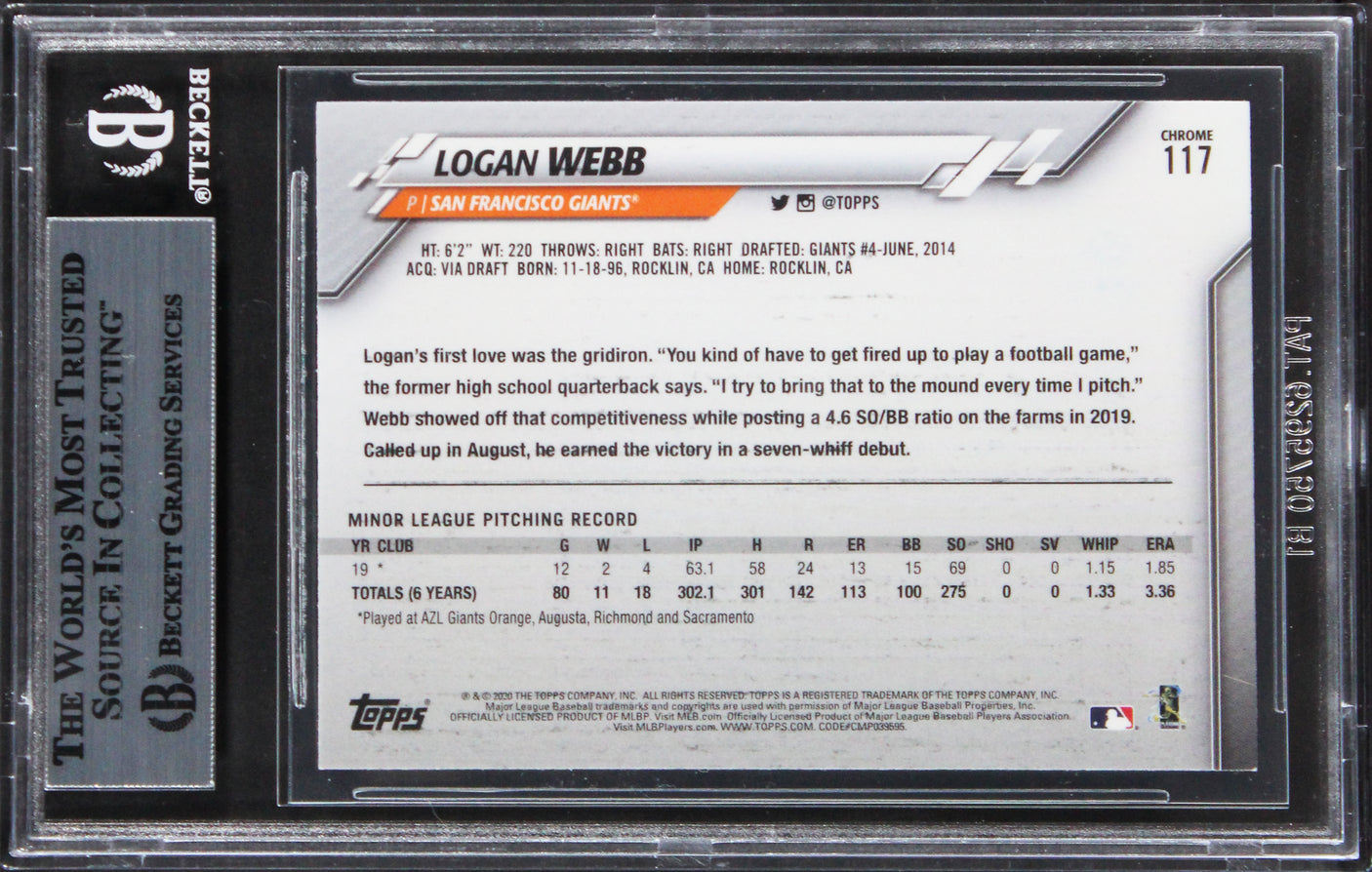Giants Logan Webb Authentic Signed 2020 Topps Chrome #117 Card BAS Slabbed