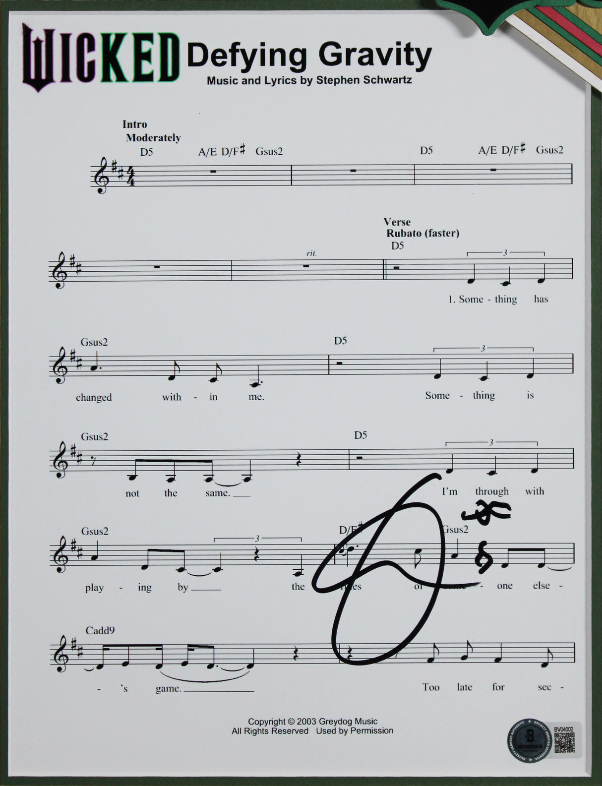 Cynthia Erivo Wicked Authentic Signed 8x10 Framed Music Sheet Photo BAS #BV04002