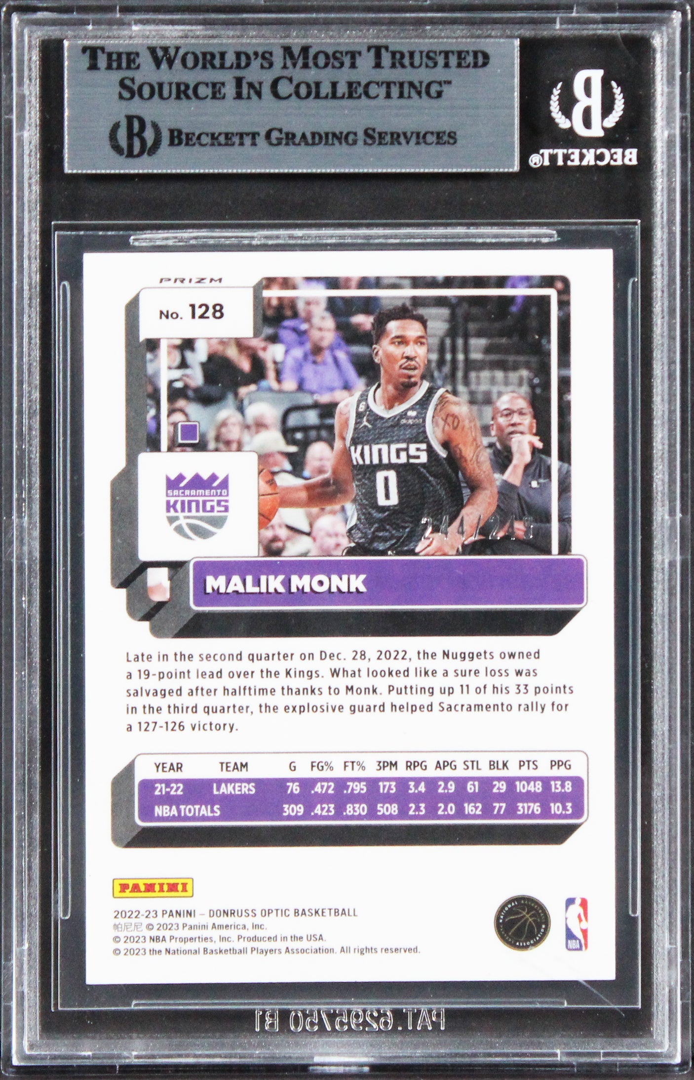 Kings Malik Monk Signed 2022 Donruss Optic Premium Box Set #128 Card BAS Slabbed