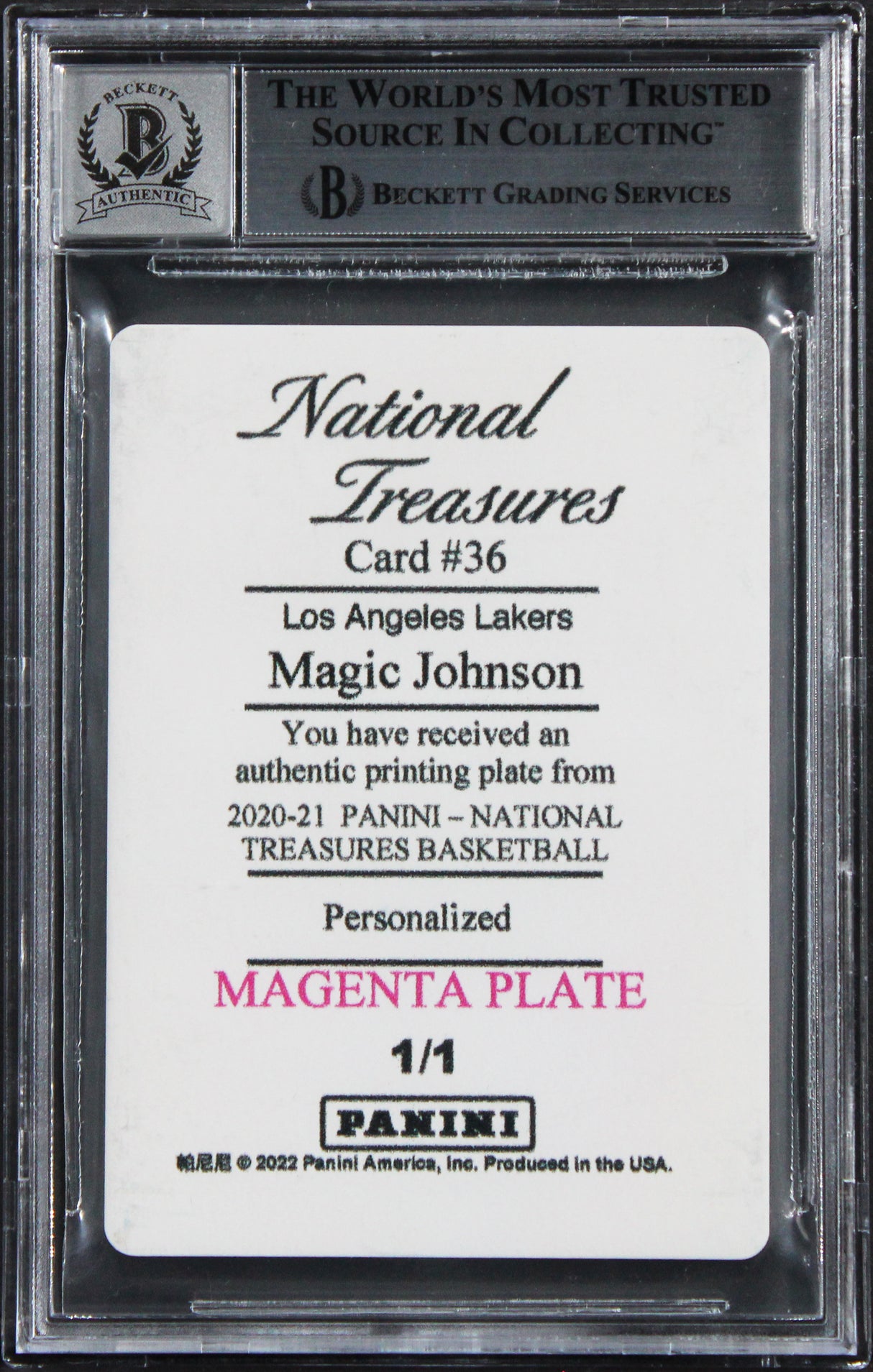 Magic Johnson "HOF 2002" Signed 2020 NT PP Magenta #36 Card Auto 10 BAS Slabbed
