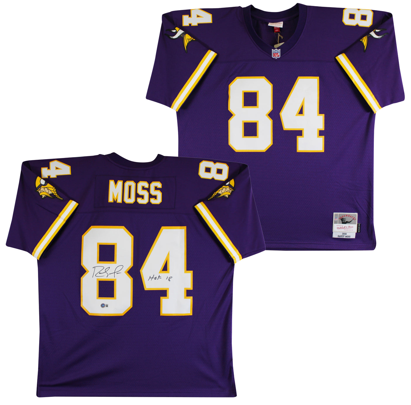 Vikings Randy Moss "HOF 18" Signed Purple Mitchell & Ness Jersey BAS Witnessed 1