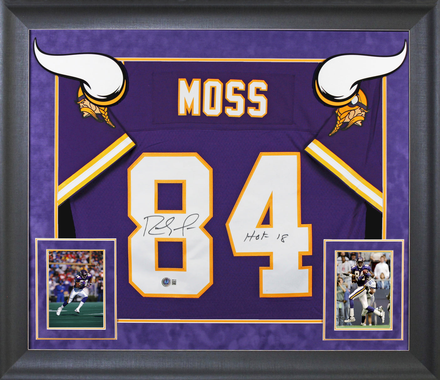Vikings Randy Moss "HOF 18" Signed Purple Mitchell & Ness Framed Jersey BAS W 1