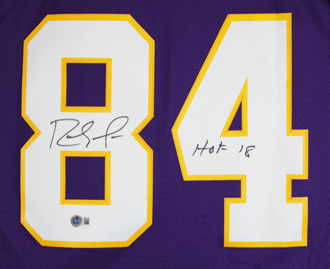 Vikings Randy Moss "HOF 18" Signed Purple Mitchell & Ness Jersey BAS Witnessed 1
