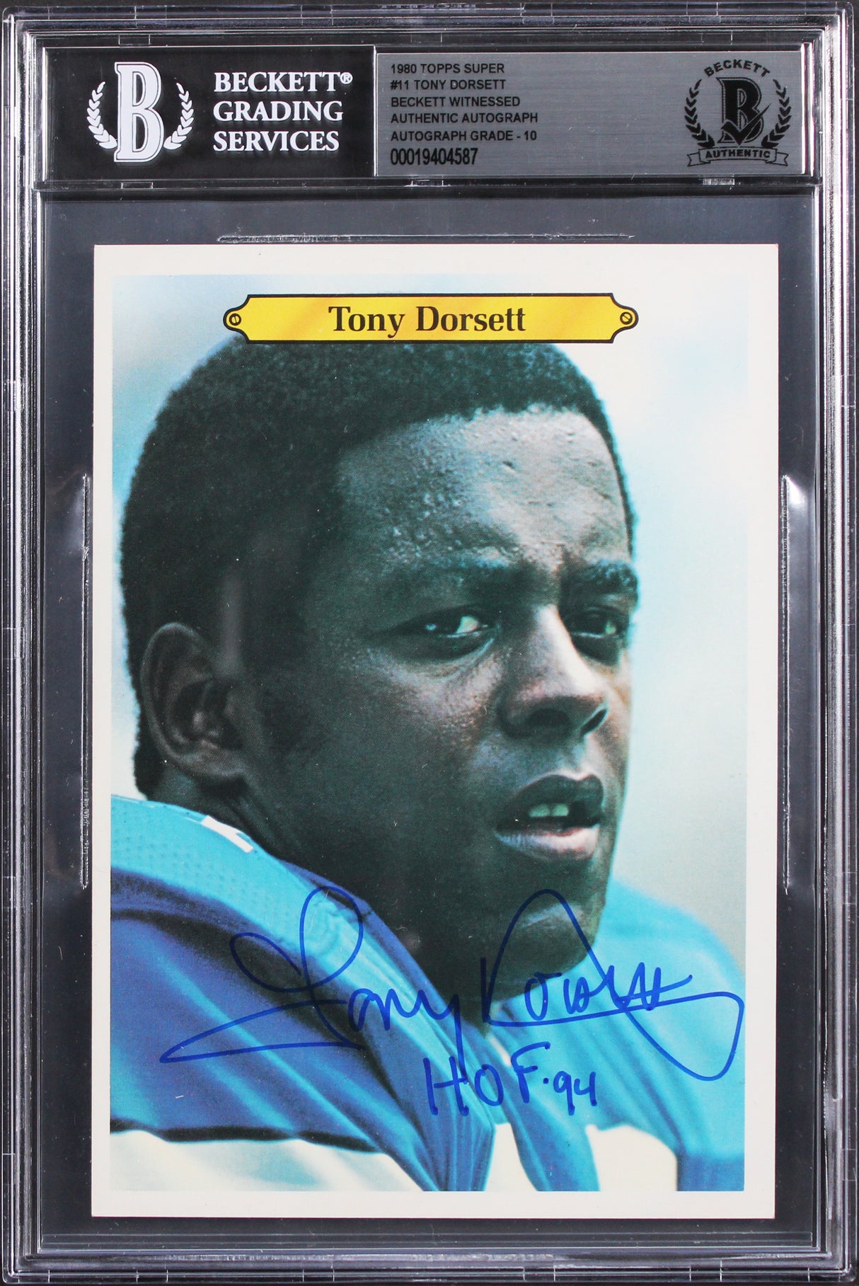 Cowboys Tony Dorsett "HOF" Signed 1980 Topps Super #11 5x7 Card Auto 10 BAS Slab
