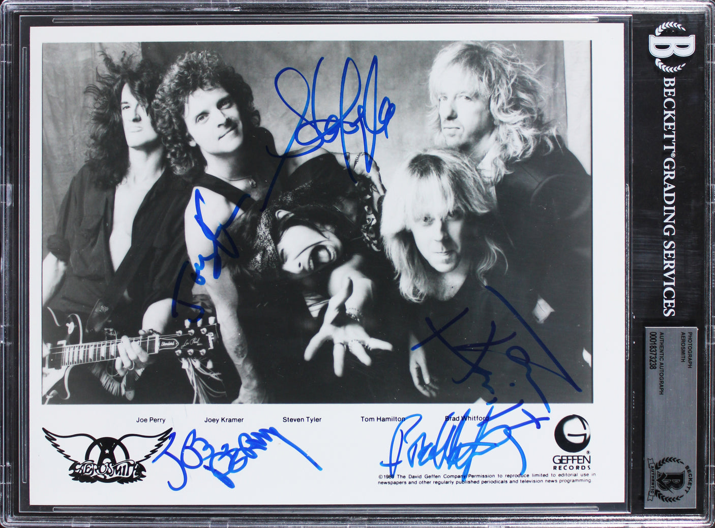Aerosmith (5) Tyler, Perry, Hamilton, Whitford +1 Signed 8x10 Photo BAS Slabbed
