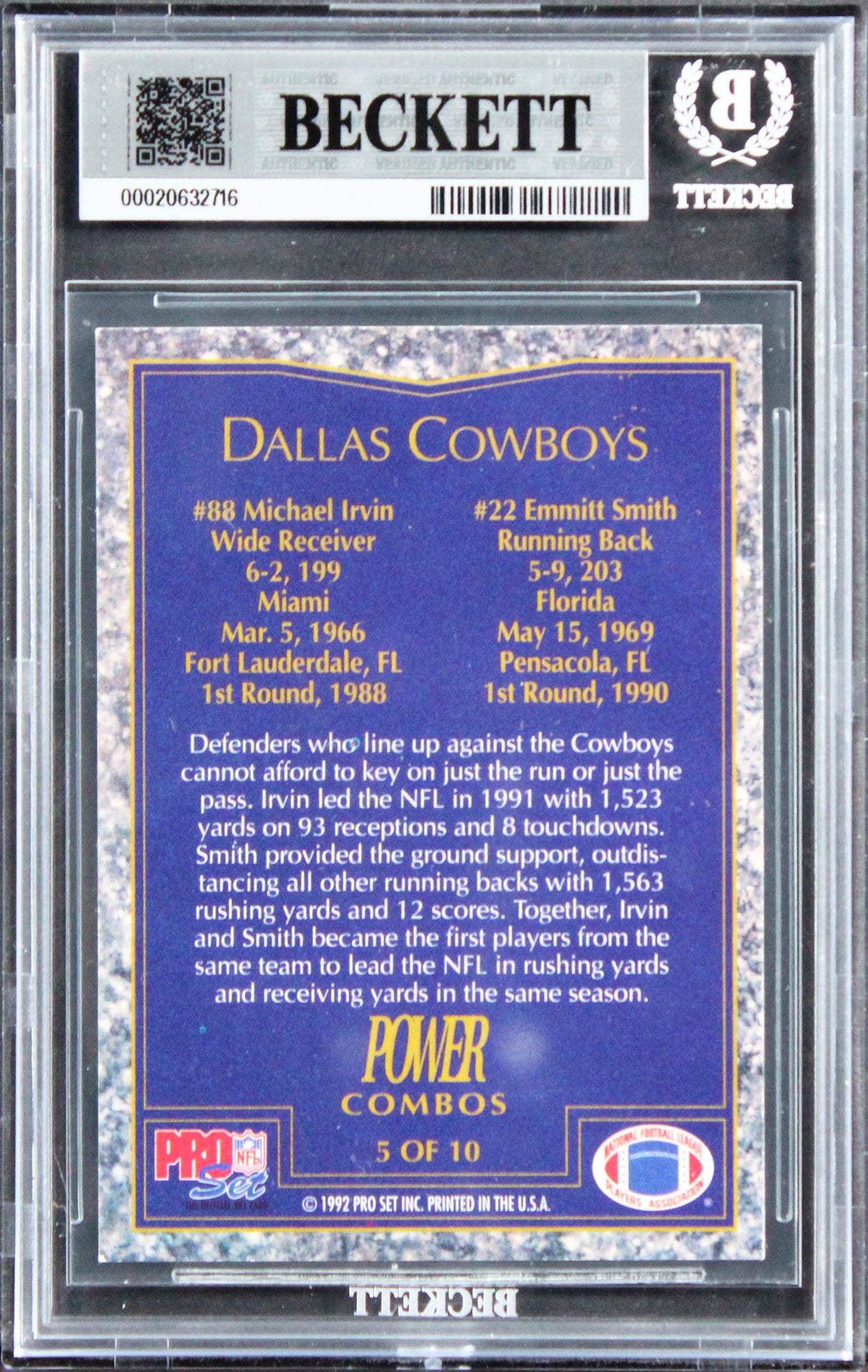Emmitt Smith & Michael Irvin Signed 1992 Power Combos #5 Card Auto 10! BAS Slab