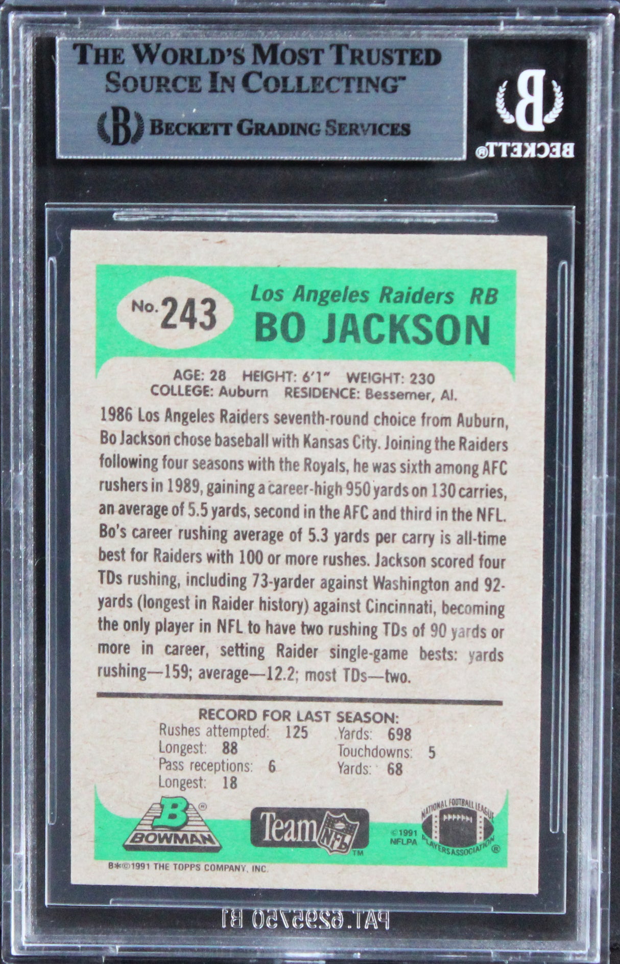 Raiders Bo Jackson Authentic Signed 1991 Bowman #243 Card BAS Slabbed