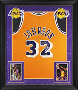 Lakers Magic Johnson "HOF" Signed Yellow M&N HWC Swingman Framed Jersey BAS W 2