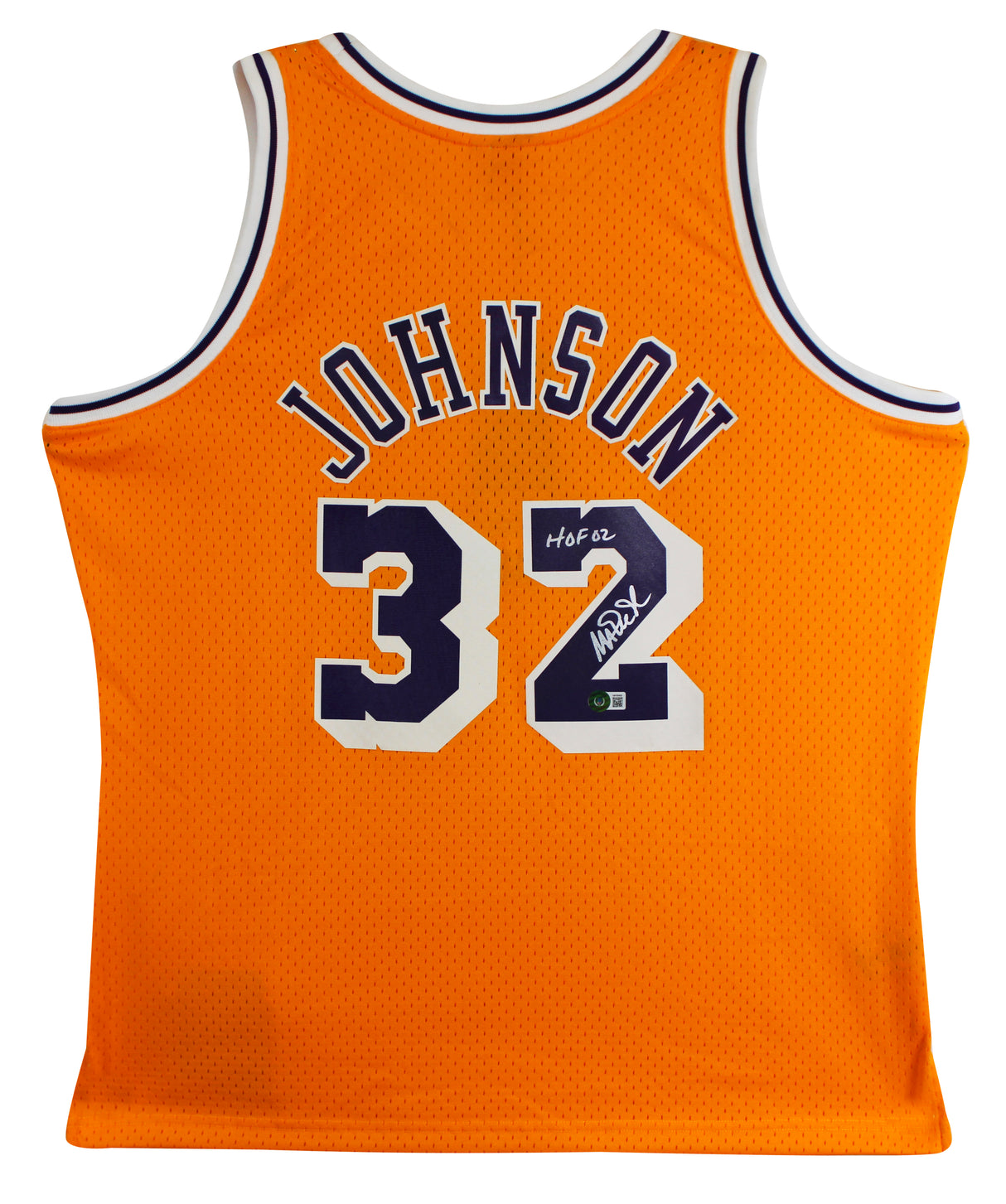 Lakers Magic Johnson "HOF 02" Signed Yellow M&N HWC Swingman Jersey BAS Wit 2