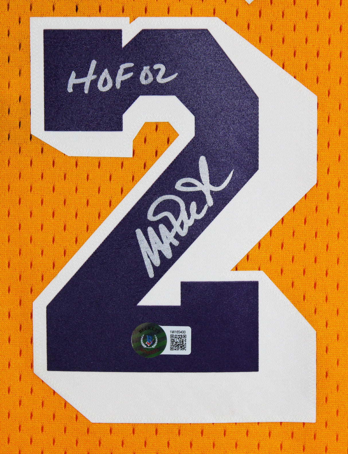 Lakers Magic Johnson "HOF 02" Signed Yellow M&N HWC Swingman Jersey BAS Wit 2