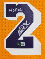 Lakers Magic Johnson "HOF 02" Signed Yellow M&N HWC Swingman Jersey BAS Wit 2