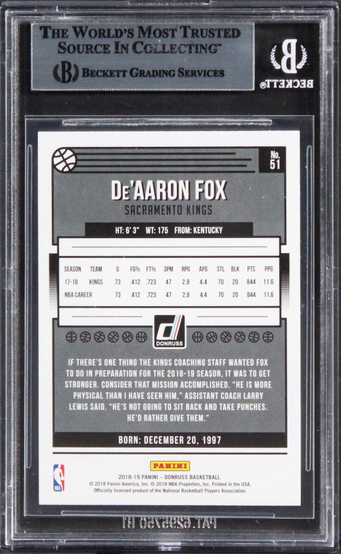 De'Aaron Fox Signed 2018 Donruss Holo Green And Yellow Laser #51 Card BAS Slab