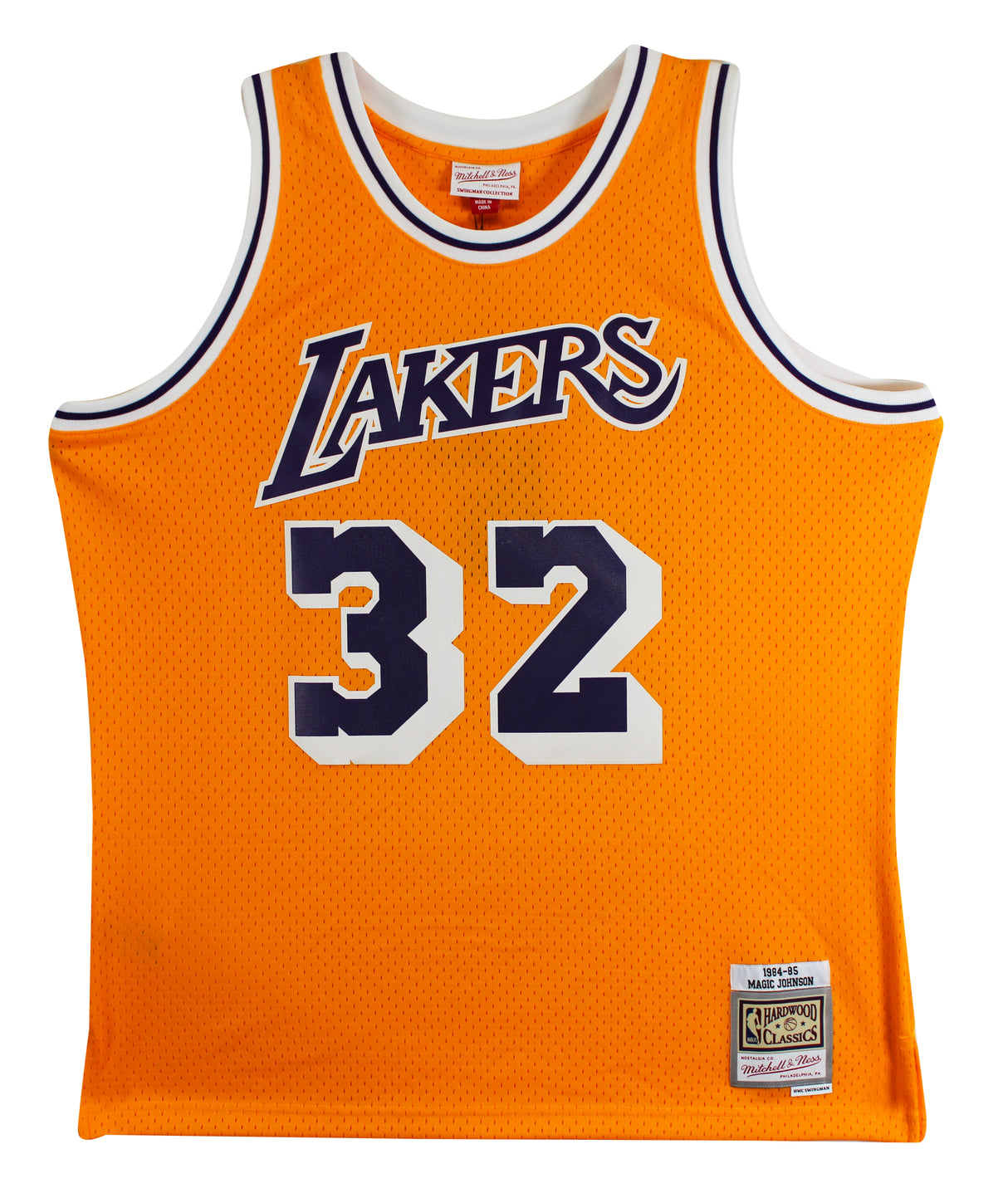 Lakers Magic Johnson "HOF 02" Signed Yellow M&N HWC Swingman Jersey BAS Wit 2