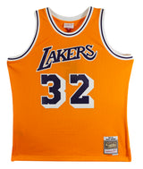 Lakers Magic Johnson "HOF 02" Signed Yellow M&N HWC Swingman Jersey BAS Wit 2