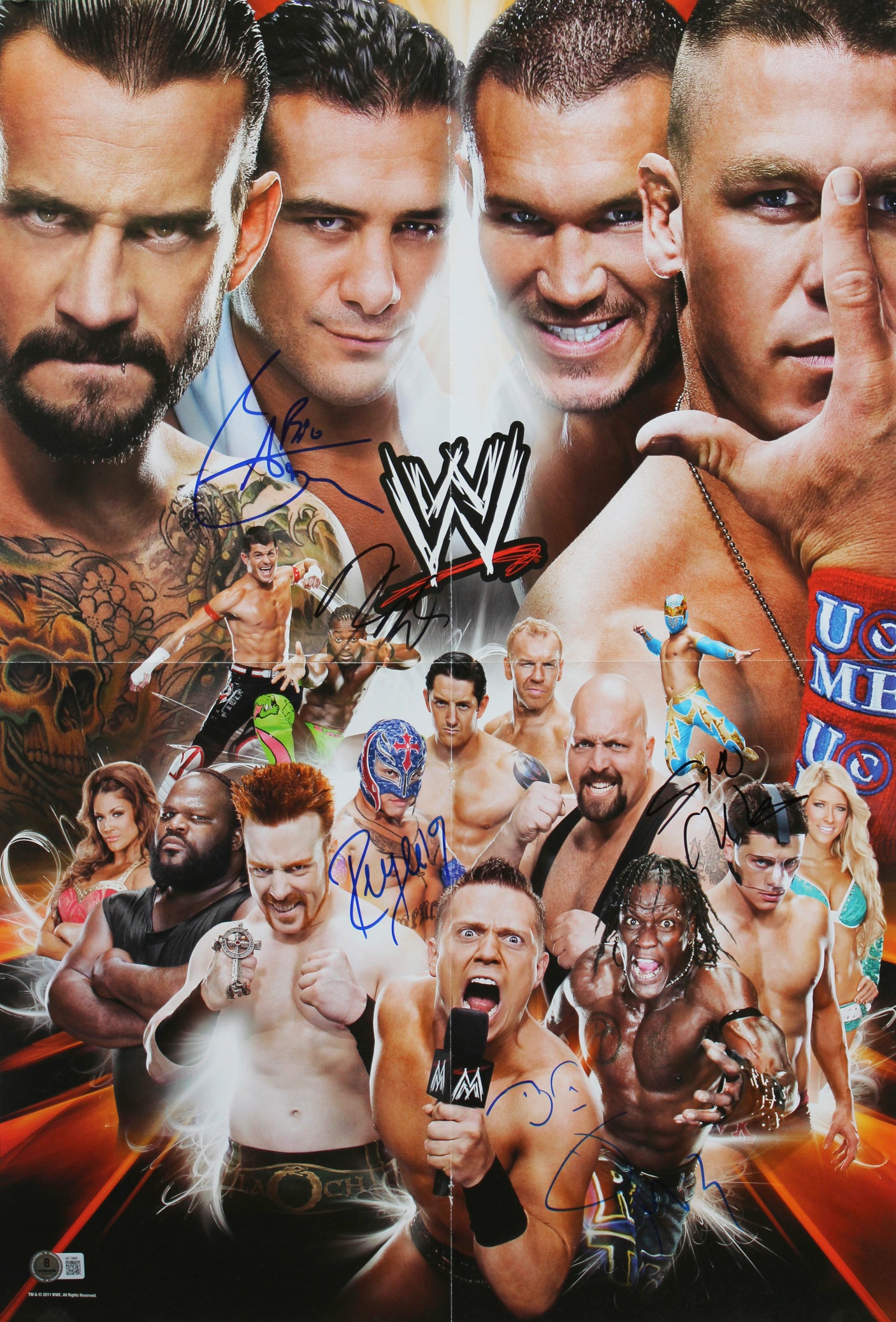 WWE Superstars (5) Mysterio, Miz, Cara, +2 Signed 17x25 Poster BAS #AE13980