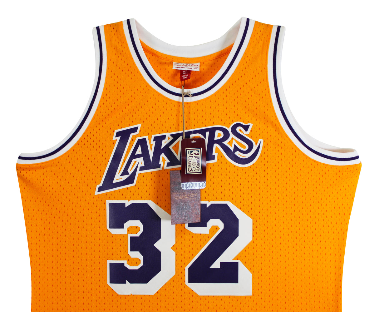 Lakers Magic Johnson "HOF 02" Signed Yellow M&N HWC Swingman Jersey BAS Wit 2