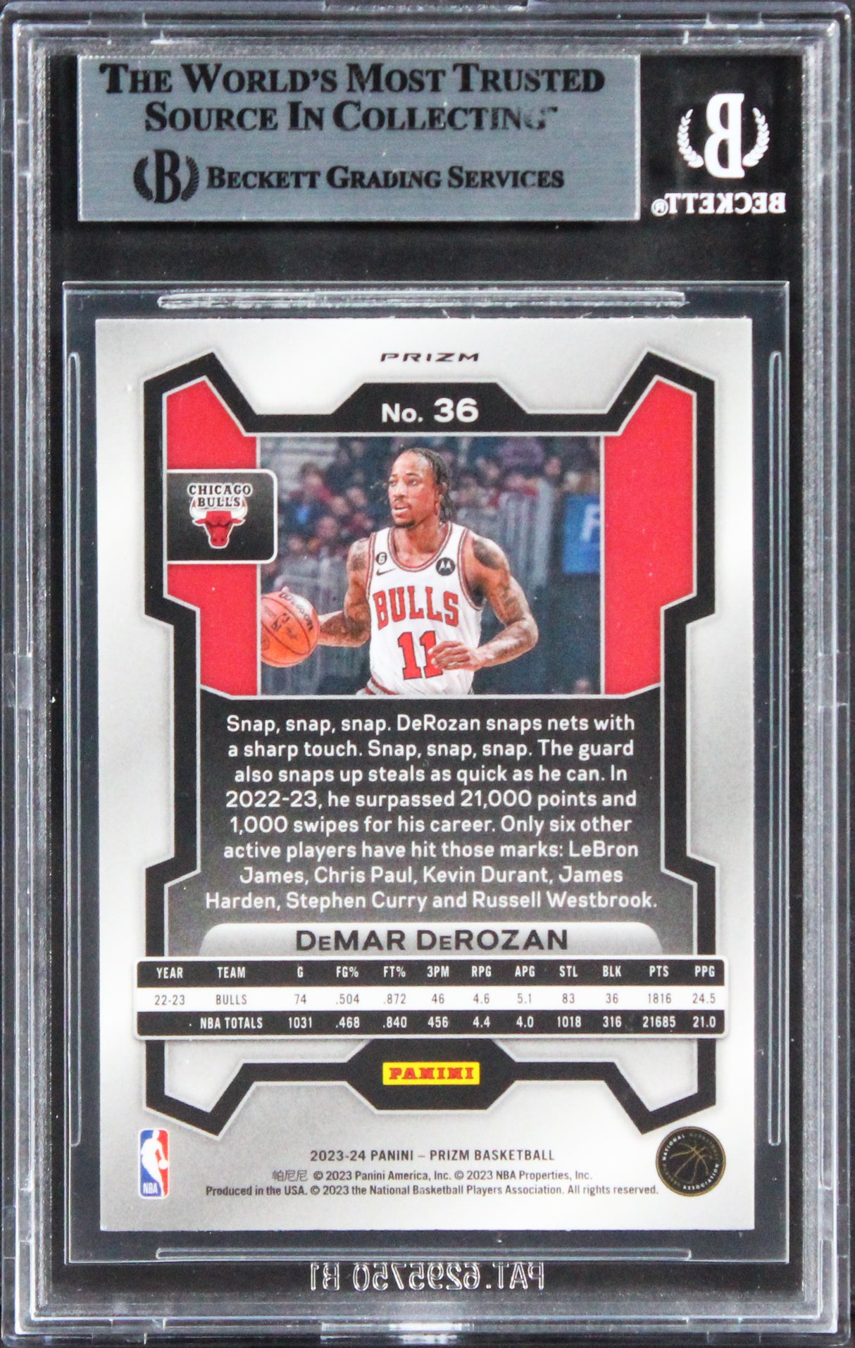 Bulls DeMar DeRozan Authentic Signed 2023 Panini Prizm RWB #36 Card BAS Slabbed