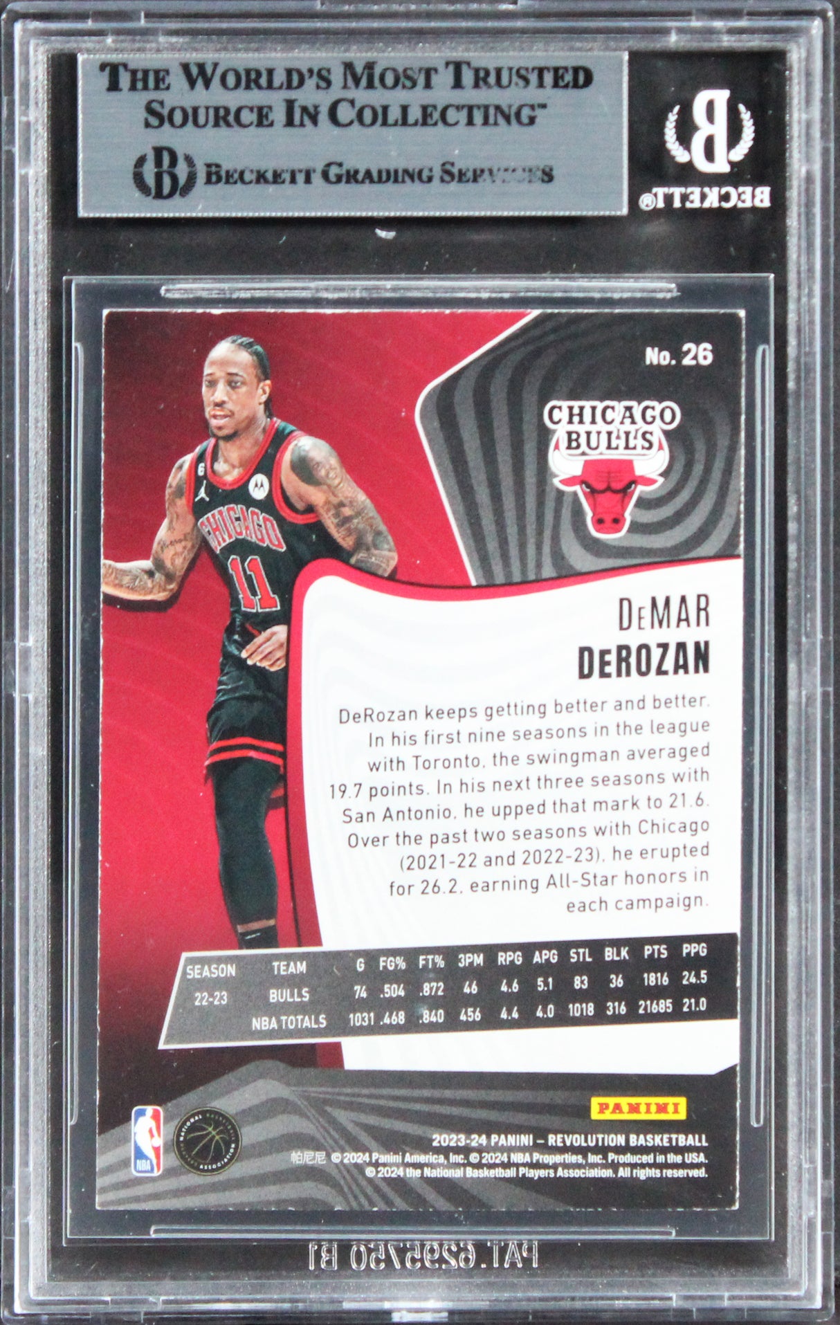 Bulls DeMar DeRozan Authentic Signed 2023 Panini Revolution #26 Card BAS Slabbed