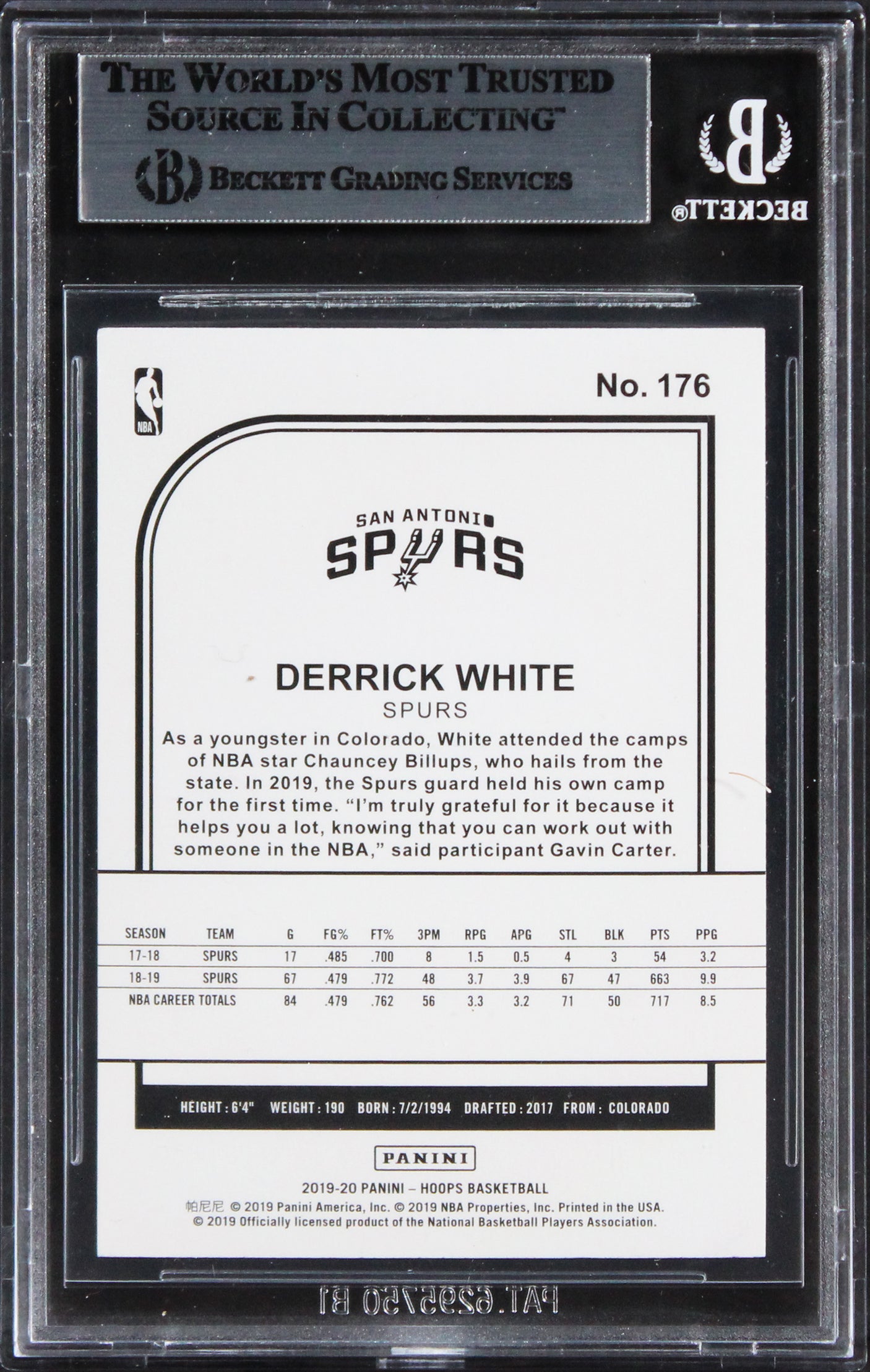 Spurs Derrick White Authentic Signed 2019 Hoops #176 Card BAS Slabbed