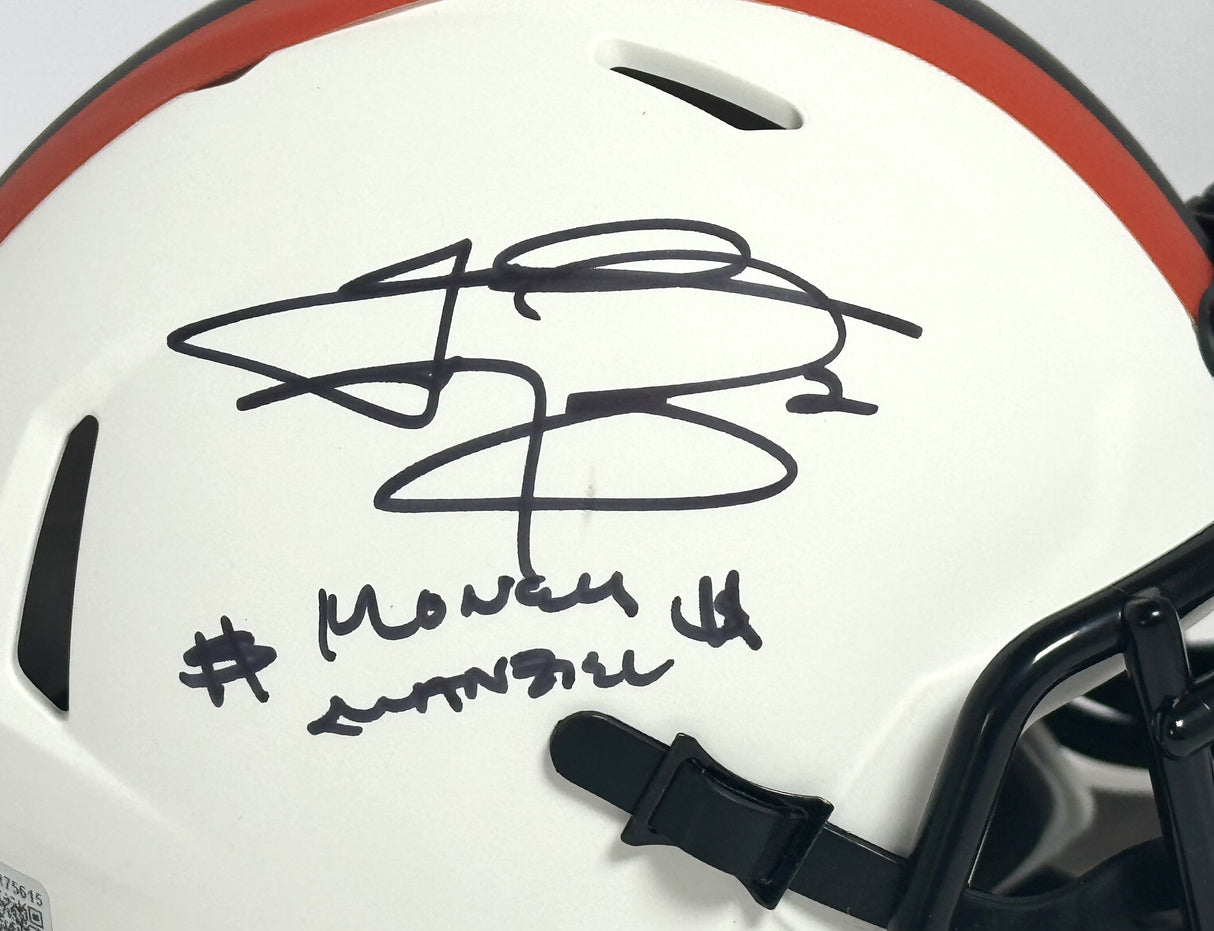 Johnny Manziel Autographed Browns Lunar Speed Mini Helmet w/Insc.-Beckett W Holo