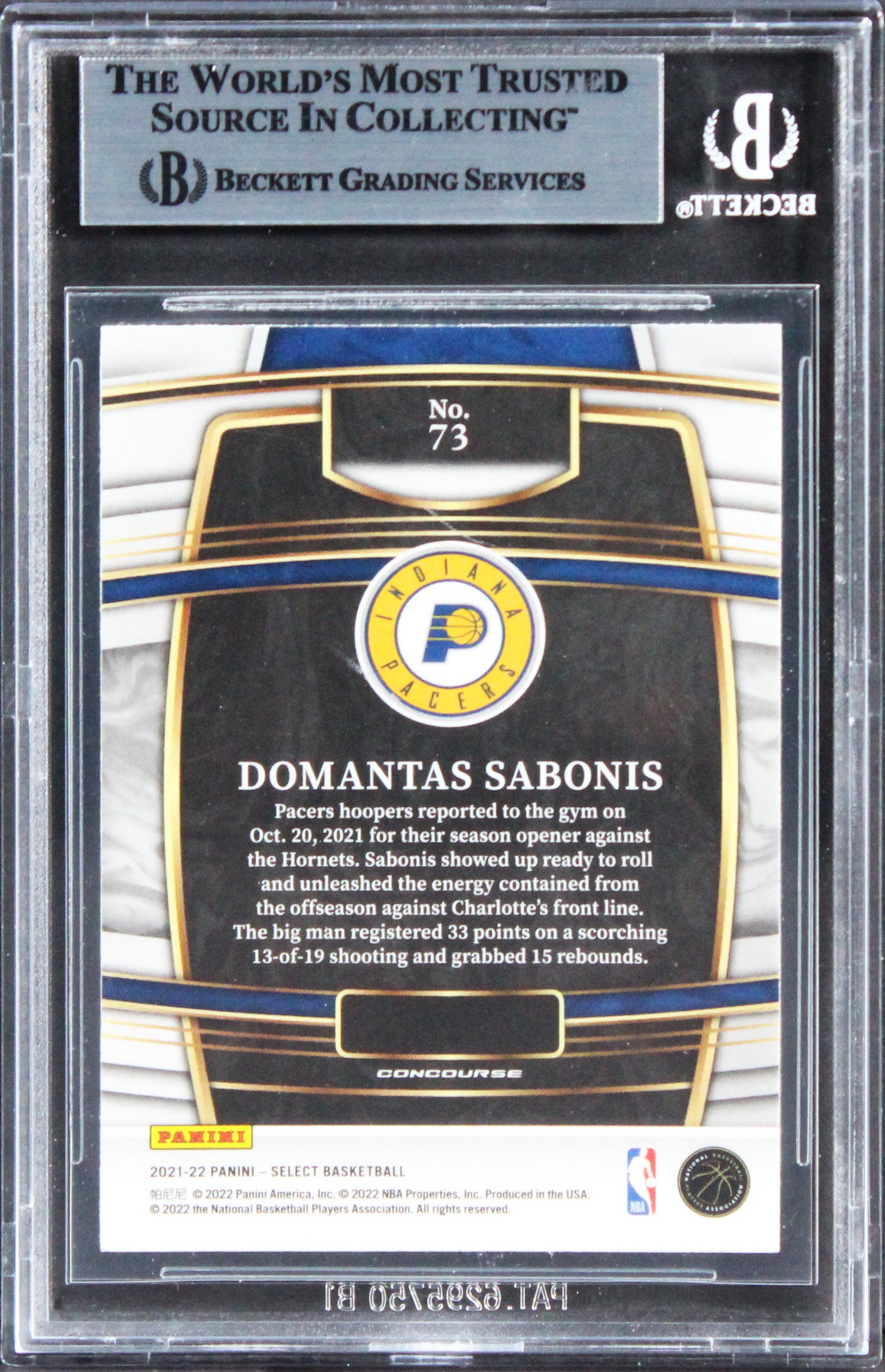 Pacers Domantas Sabonis Authentic Signed 2021 Select Blue #73 Card BAS Slabbed