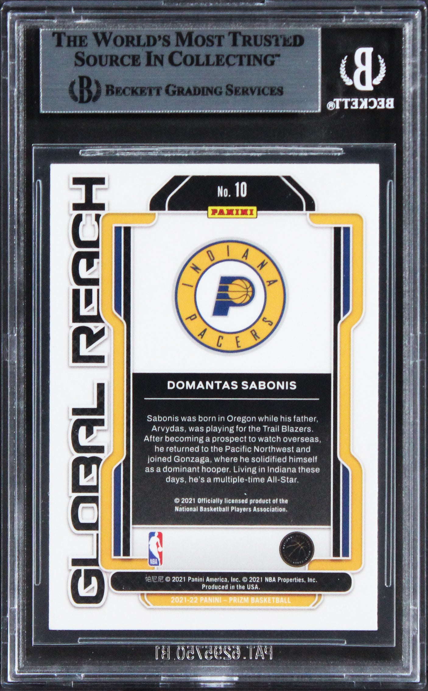 Pacers Domantas Sabonis Signed 2021 Panini Prizm Global Reach #10 Card BAS Slab