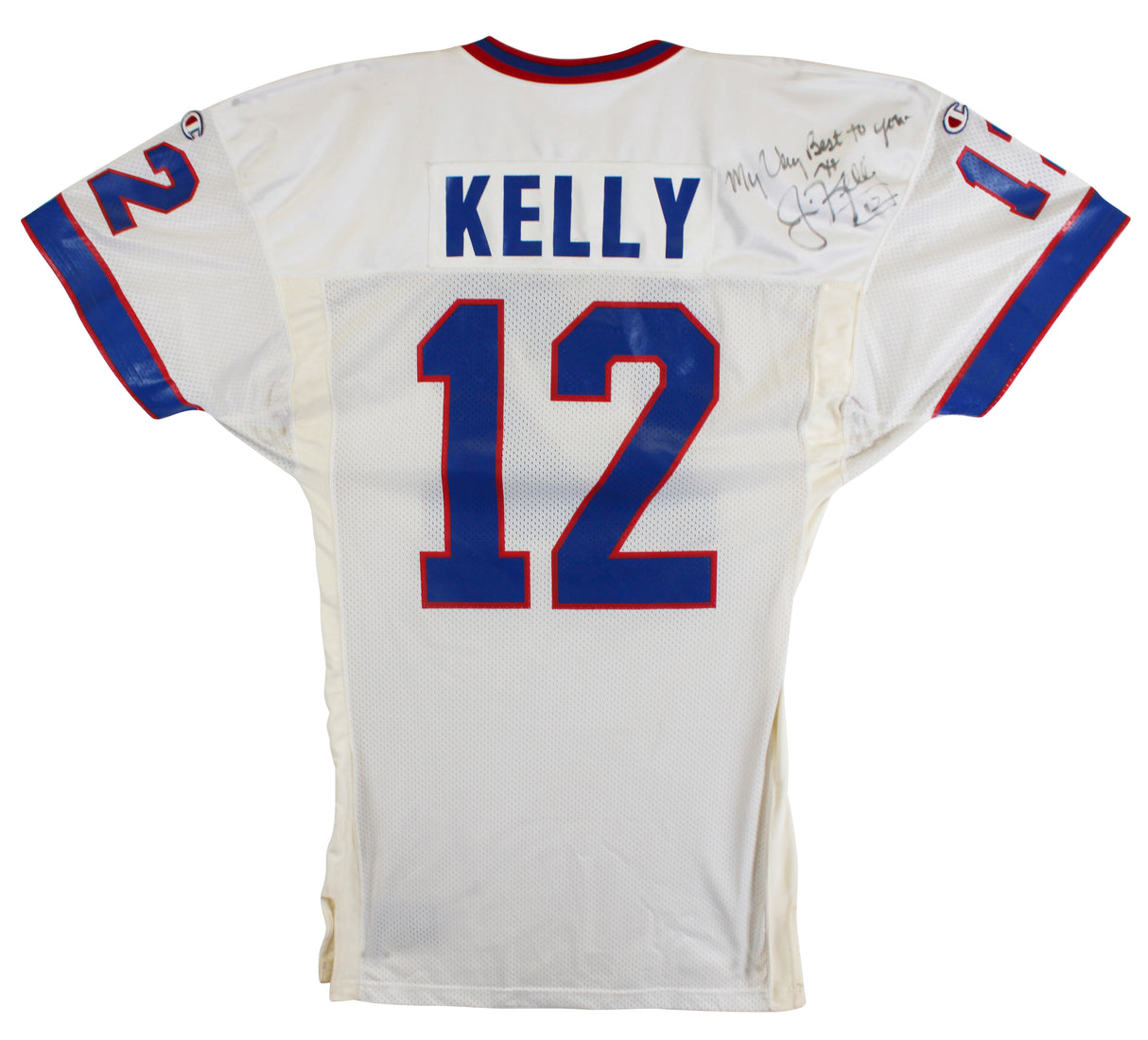 Bills Jim Kelly Signed Game Issued White Champion Size 46 Jersey BAS #BU55014
