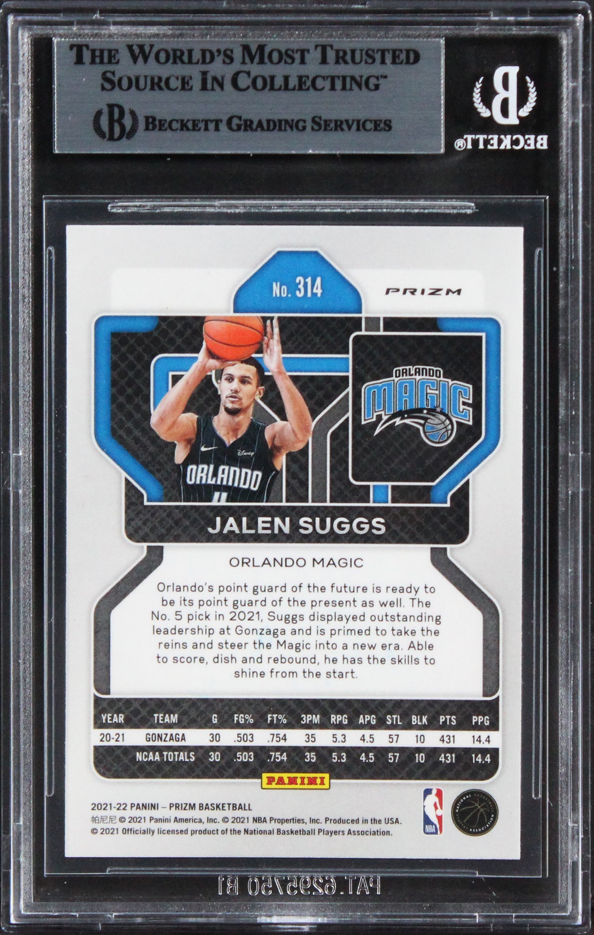 Magic Jalen Suggs Signed 2021 Panini Prizm Green #314 Rookie Card BAS Slabbed