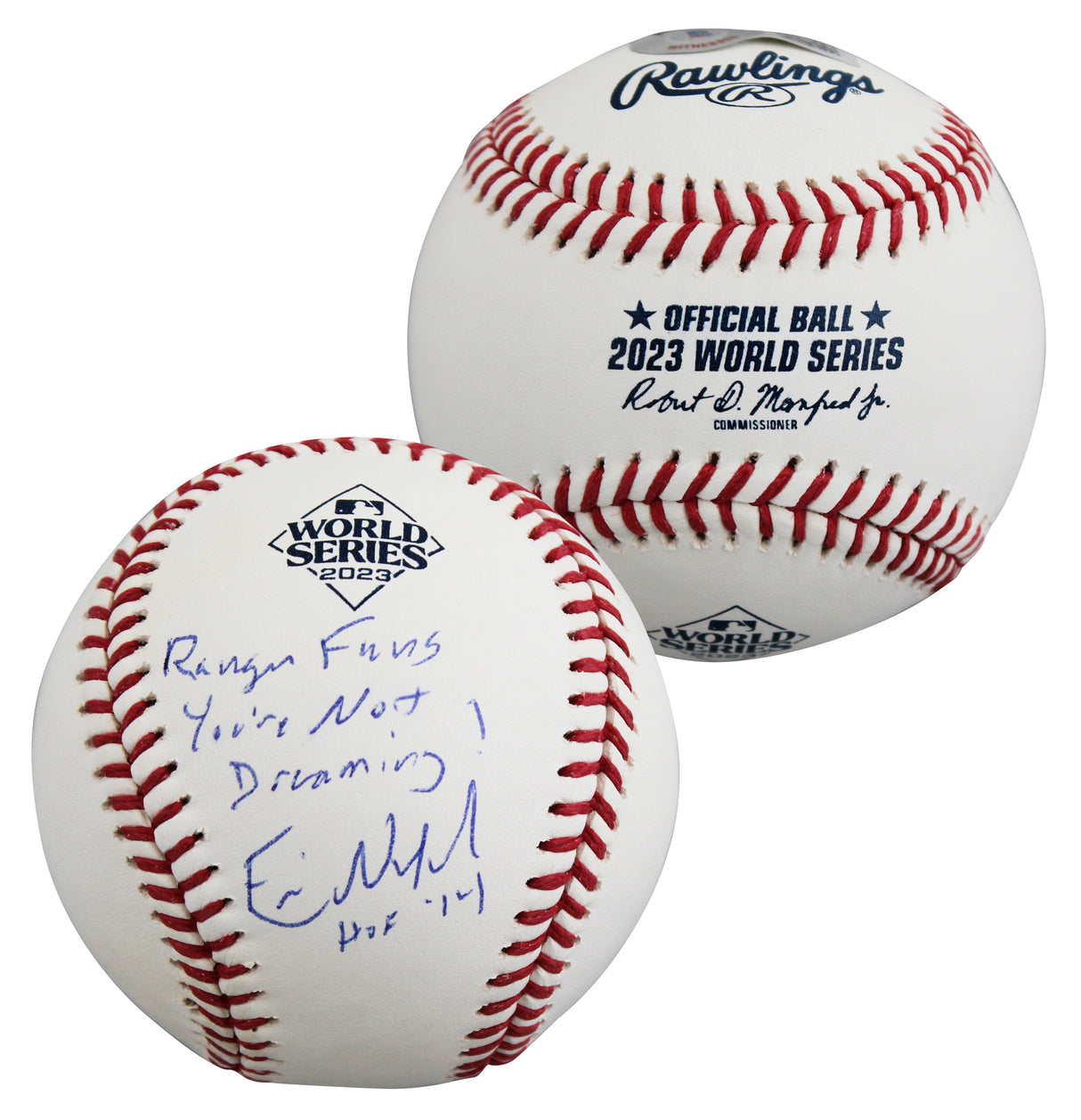 Rangers Eric Nadel "2x Insc" Signed 2023 WS Logo Baseball BAS Witness #1W235958
