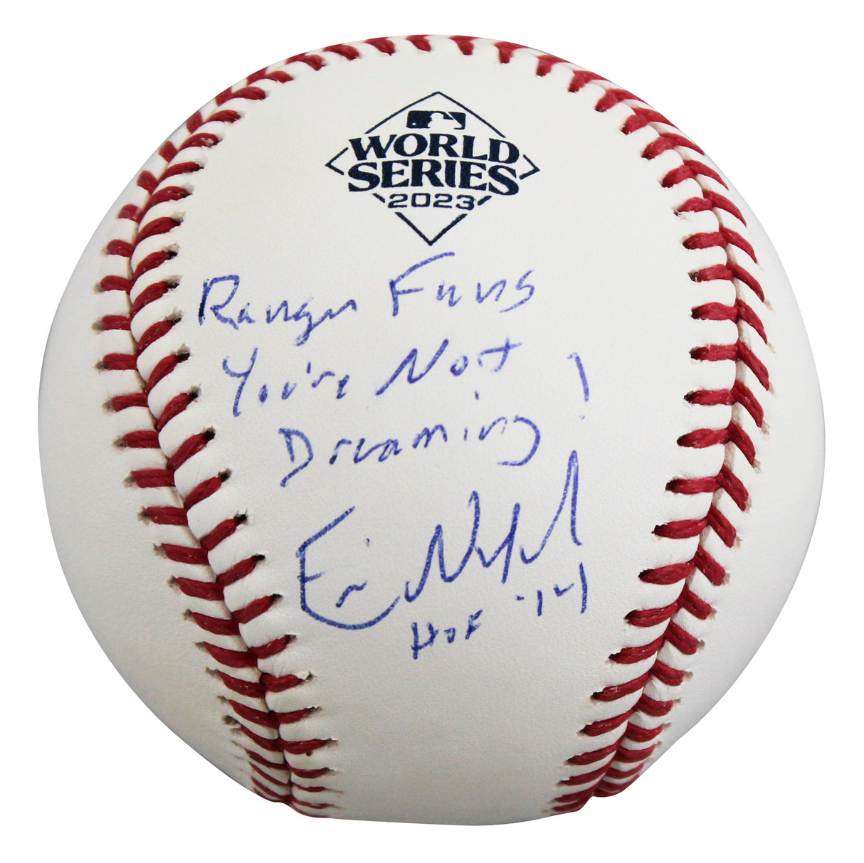 Rangers Eric Nadel "2x Insc" Signed 2023 WS Logo Baseball BAS Witness #1W235958