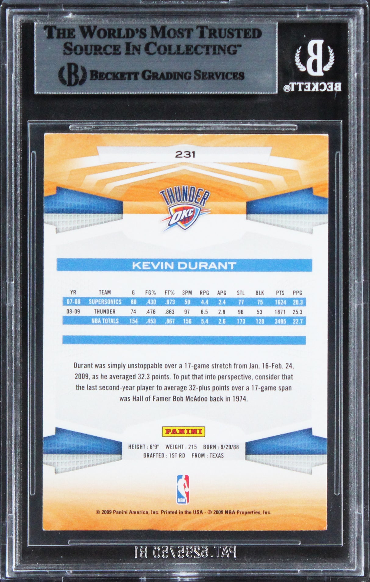 Thunder Kevin Durant Authentic Signed 2009 Panini #231 Card BAS Slabbed