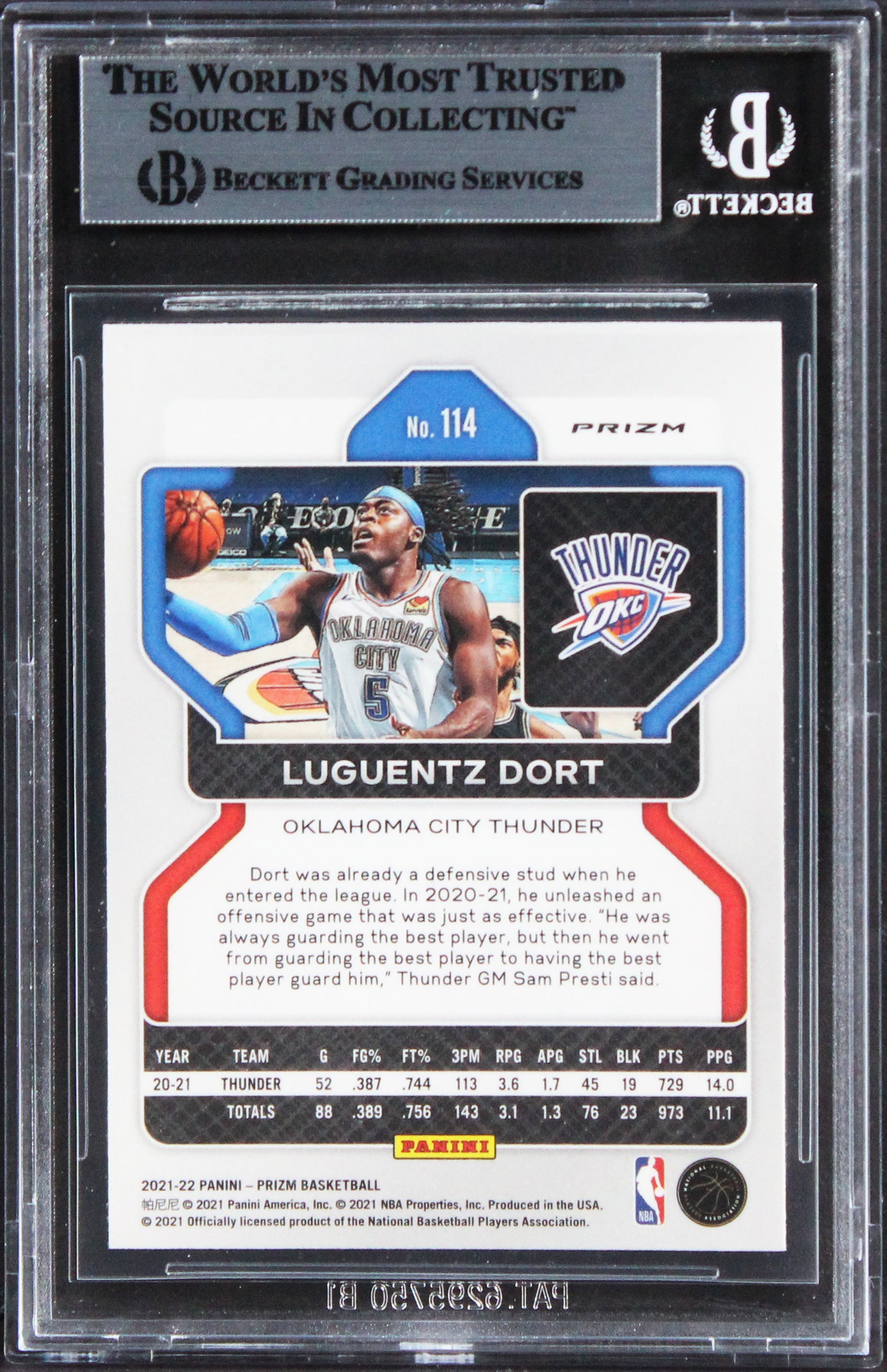 Thunder Luguentz Dort Signed 2021 Panini Prizm Orange Ice #114 Card BAS Slabbed