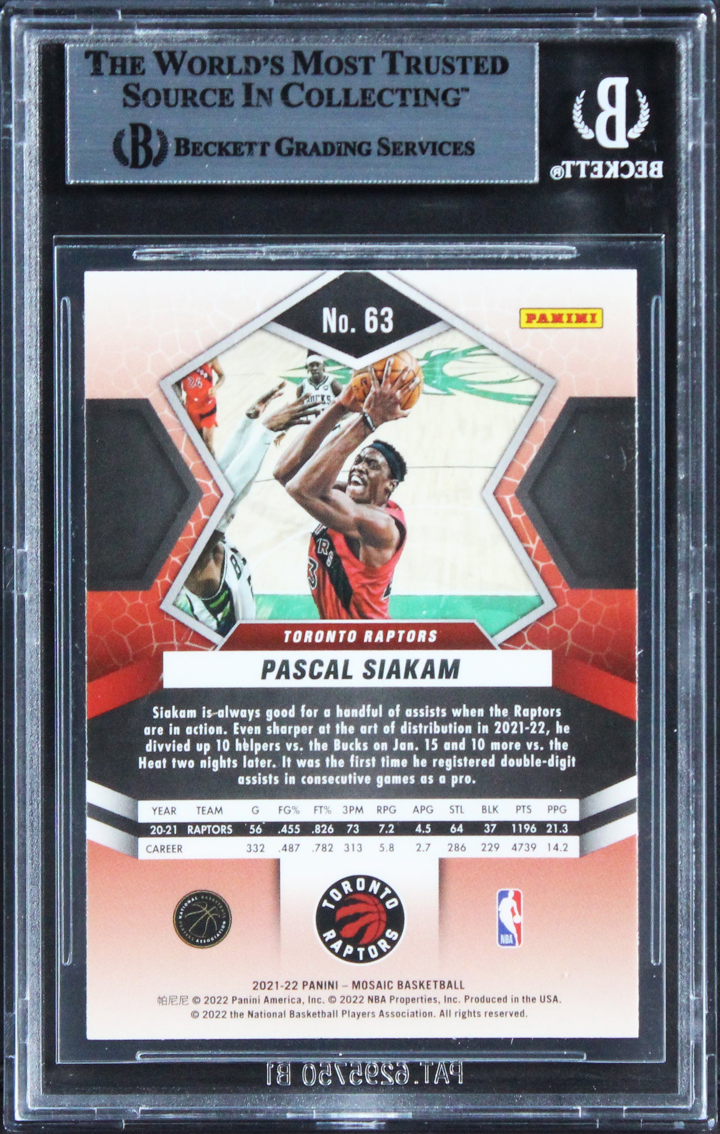 Raptors Pascal Siakam Authentic Signed 2021 Panini Mosaic #63 Card BAS Slabbed