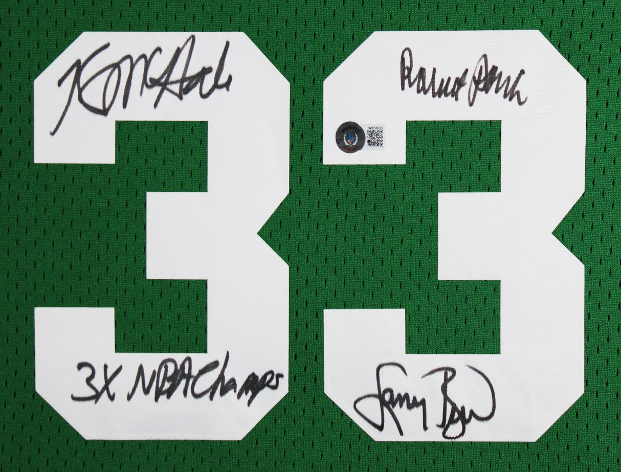Celtics (3) Bird, Parish & McHale Signed Green M&N Swingman Framed Jersey BAS W