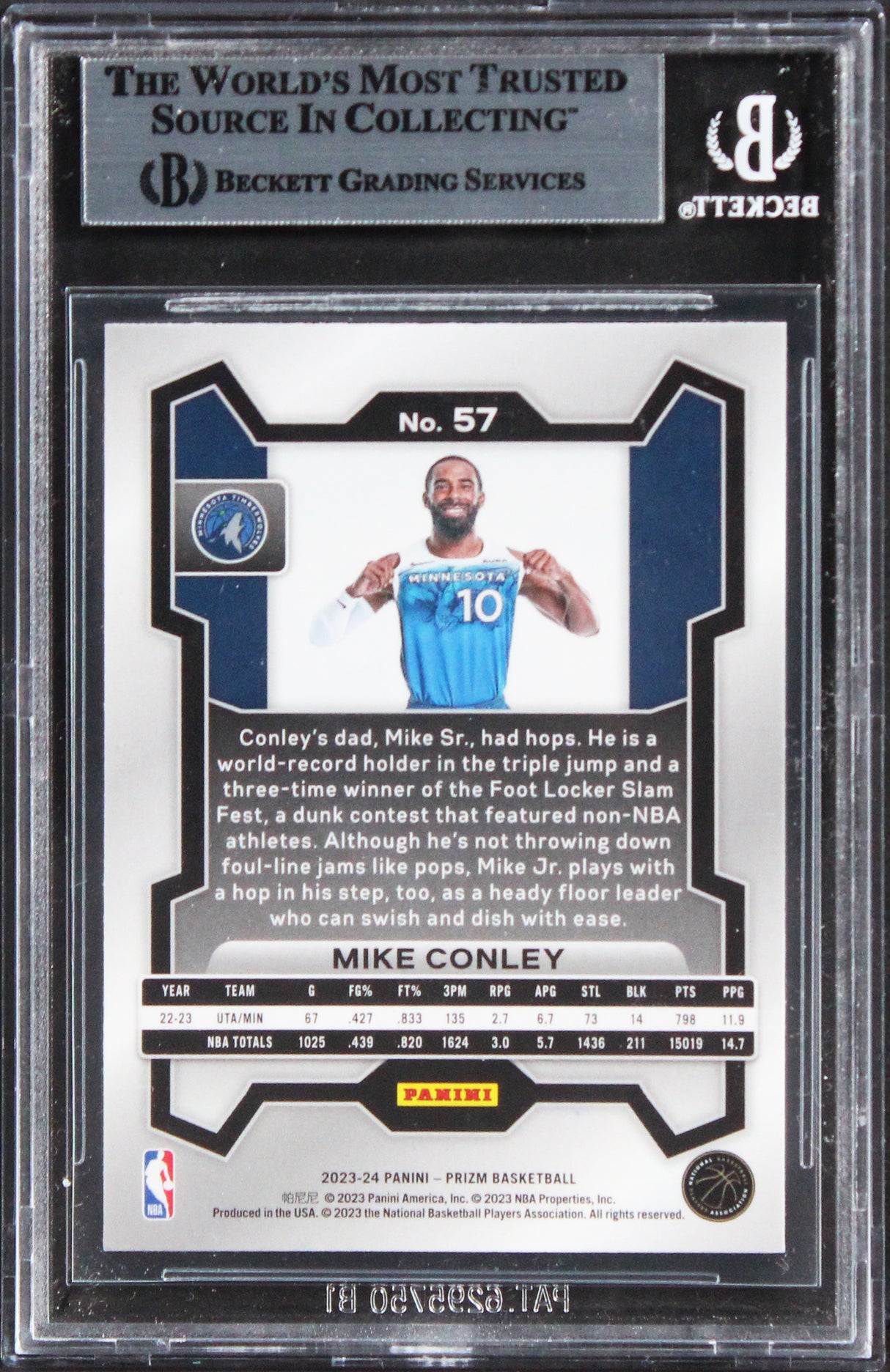 Timberwolves Mike Conley Authentic Signed 2023 Panini Prizm #57 Card BAS Slabbed