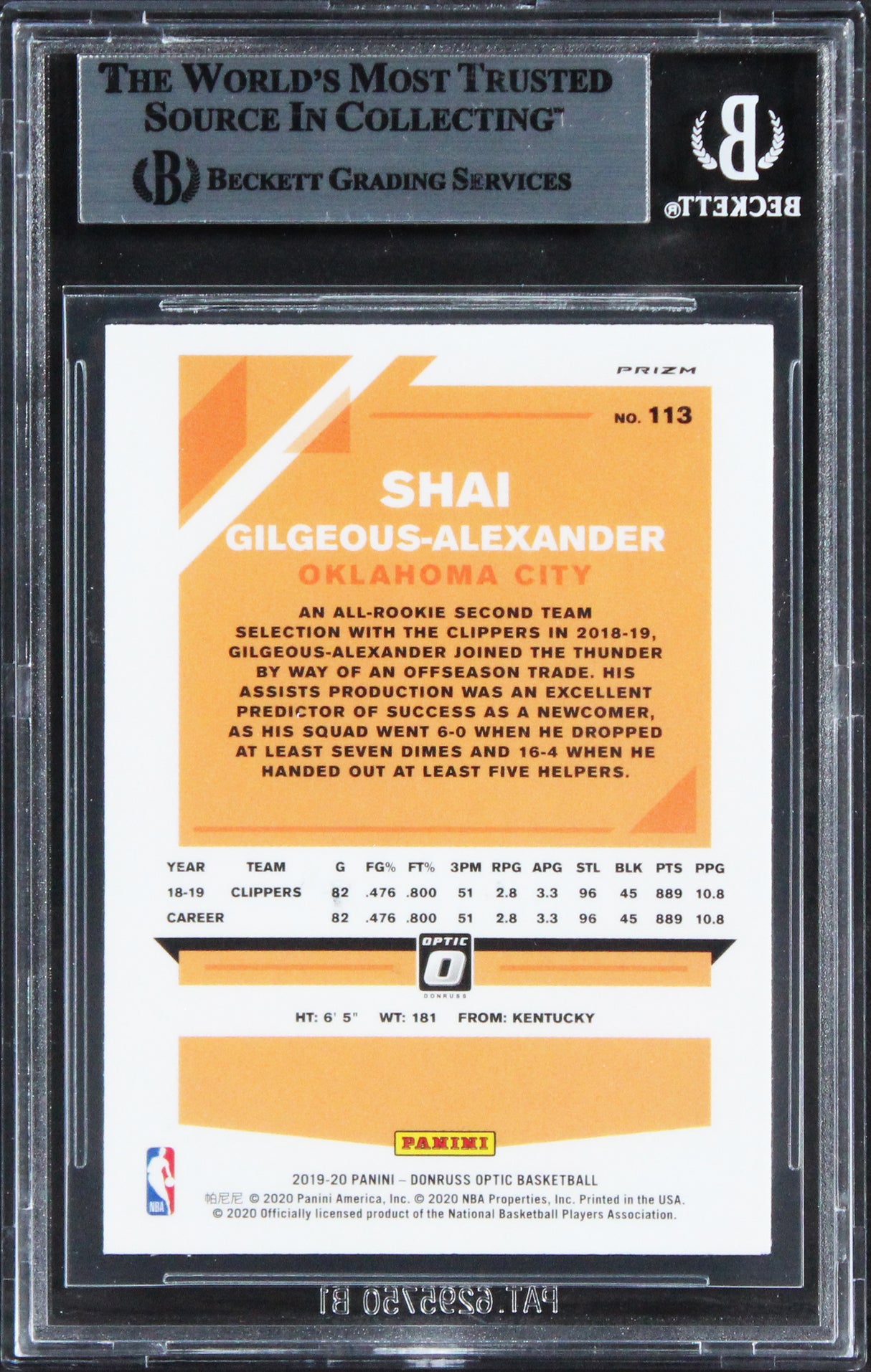 Thunder Shai Gilgeous-Alexander Signed 2019 Donruss Optic BV #113 Card BAS Slab