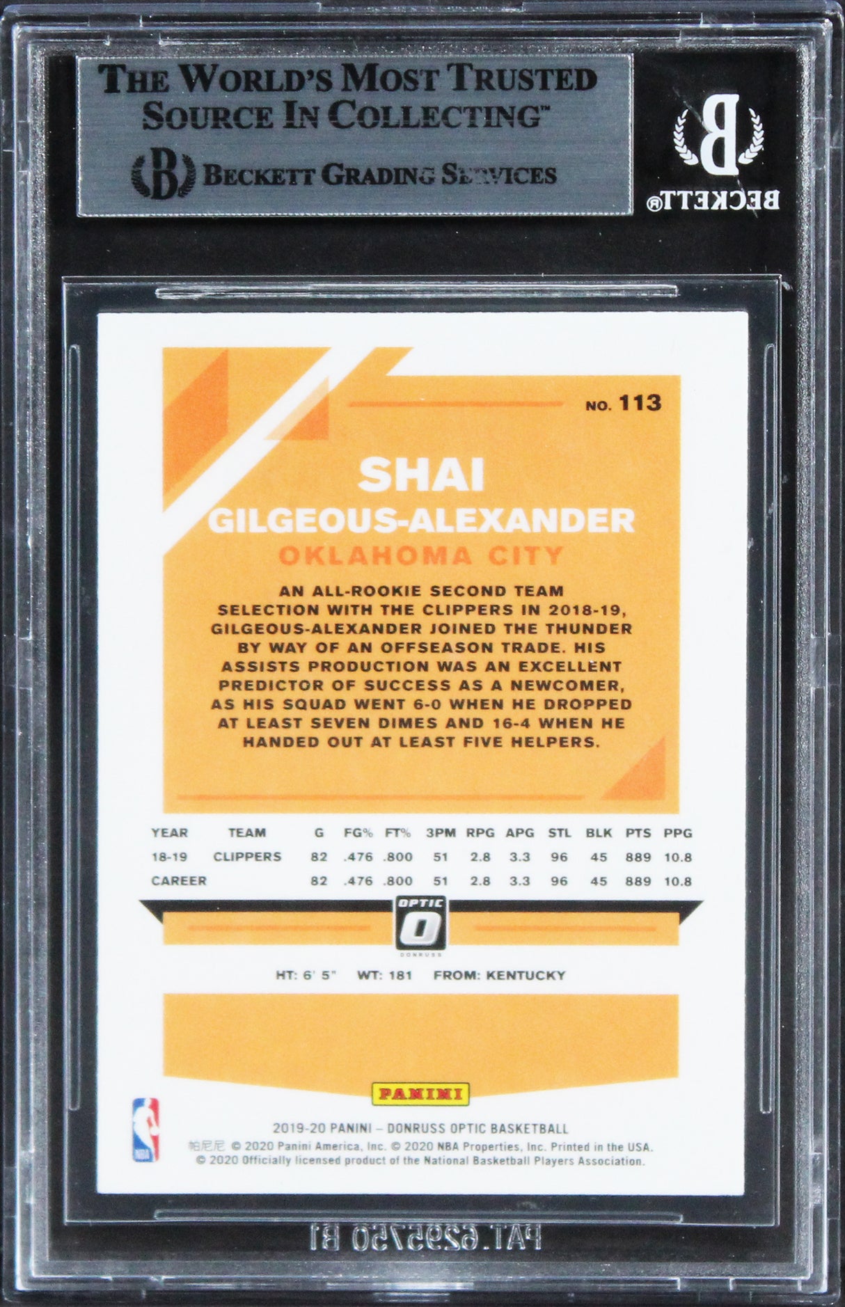 Thunder Shai Gilgeous-Alexander Signed 2019 Donruss Optic #113 Card BAS Slabbed