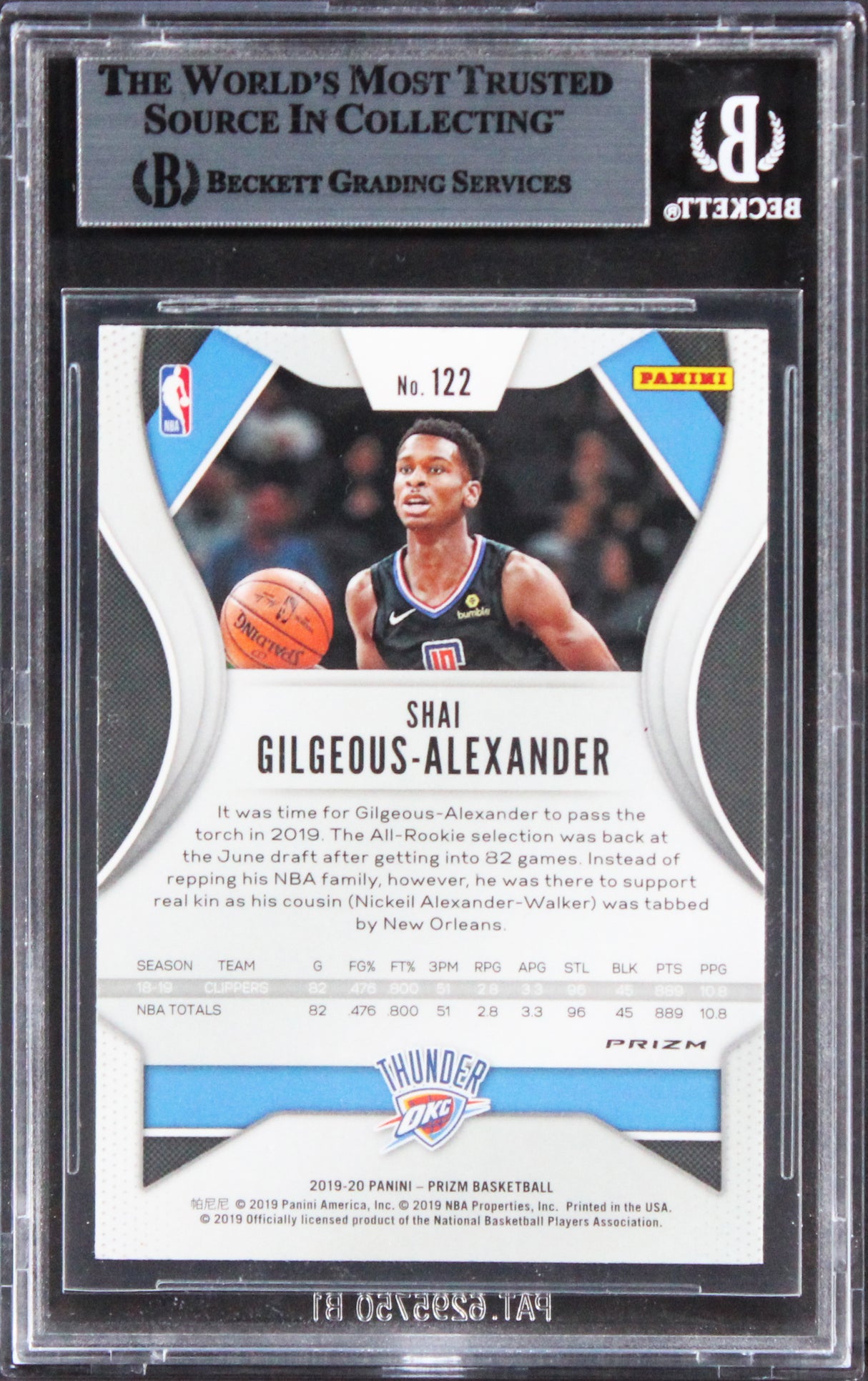 Thunder Shai Gilgeous-Alexander Signed 2019 Panini Prizm Grn #122 Card BAS Slab
