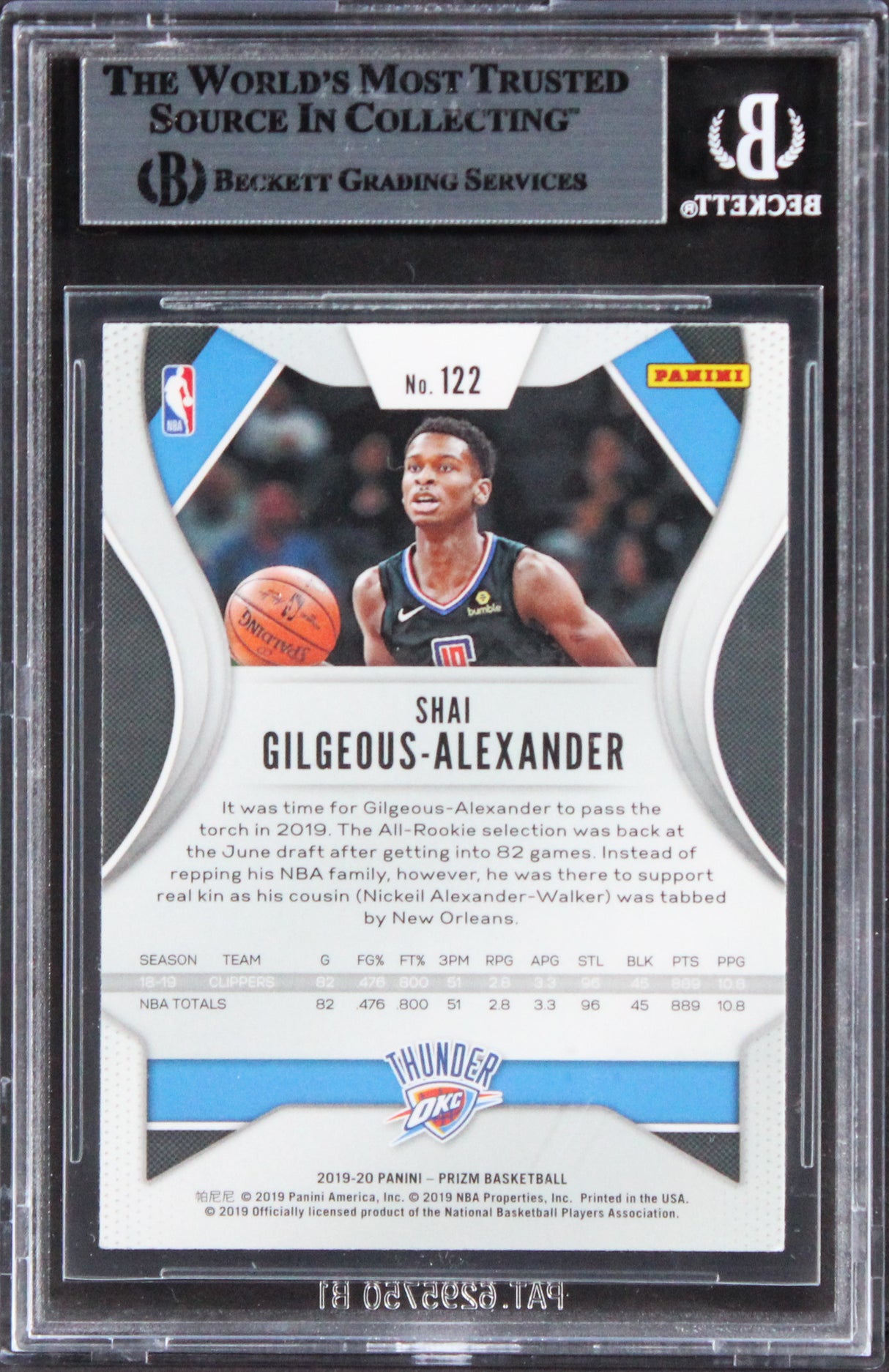 Thunder Shai Gilgeous-Alexander Signed 2019 Panini Prizm #122 Card BAS Slabbed