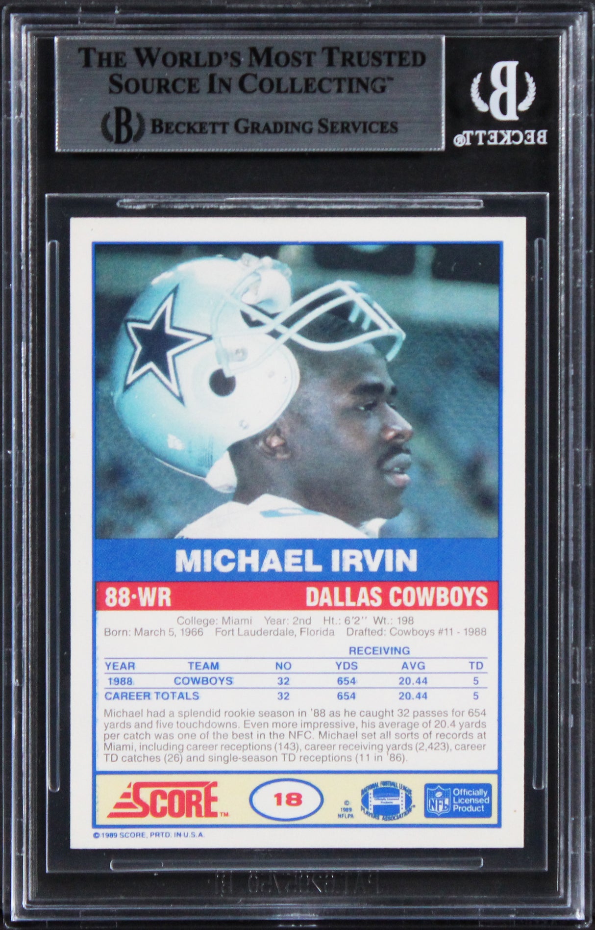 Cowboys Michael Irvin Authentic 1989 Score #18 Card Autographed BAS Slabbed