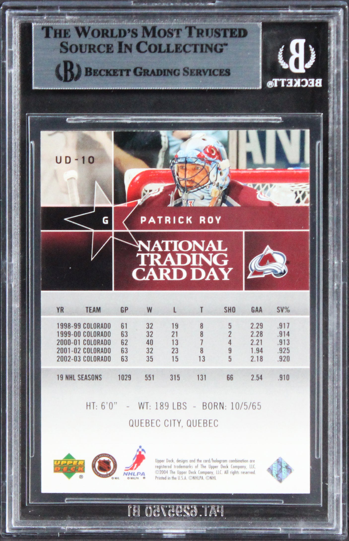 Avalanche Patrick Roy Signed 2004 National Trading Card Day #UD10 Card BAS Slab