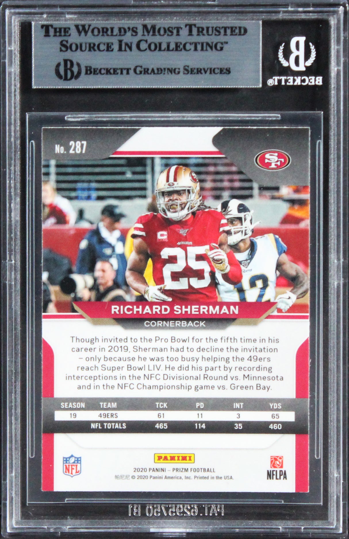 49ers Richard Sherman Authentic Signed 2020 Panini Prizm #287 Card BAS Slabbed